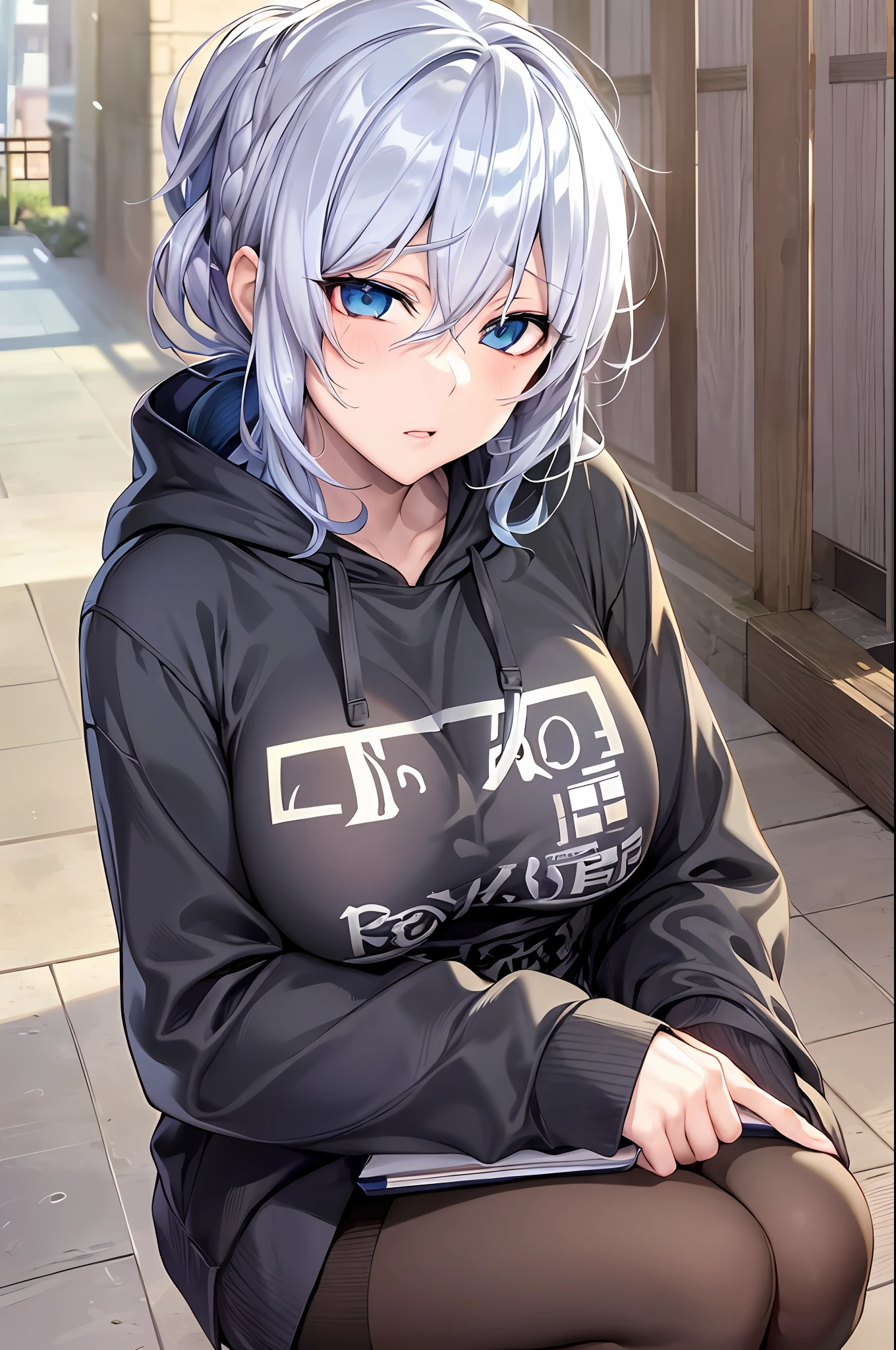Yukino, Silver hair and  eyes in a black hoodie, anime visual of a cute girl, screenshot from the anime film, & her expression is solemn, in the anime film, in an anime, anime visual of a young woman, she has a cute expressive face, still from anime, perfect breast, no bra