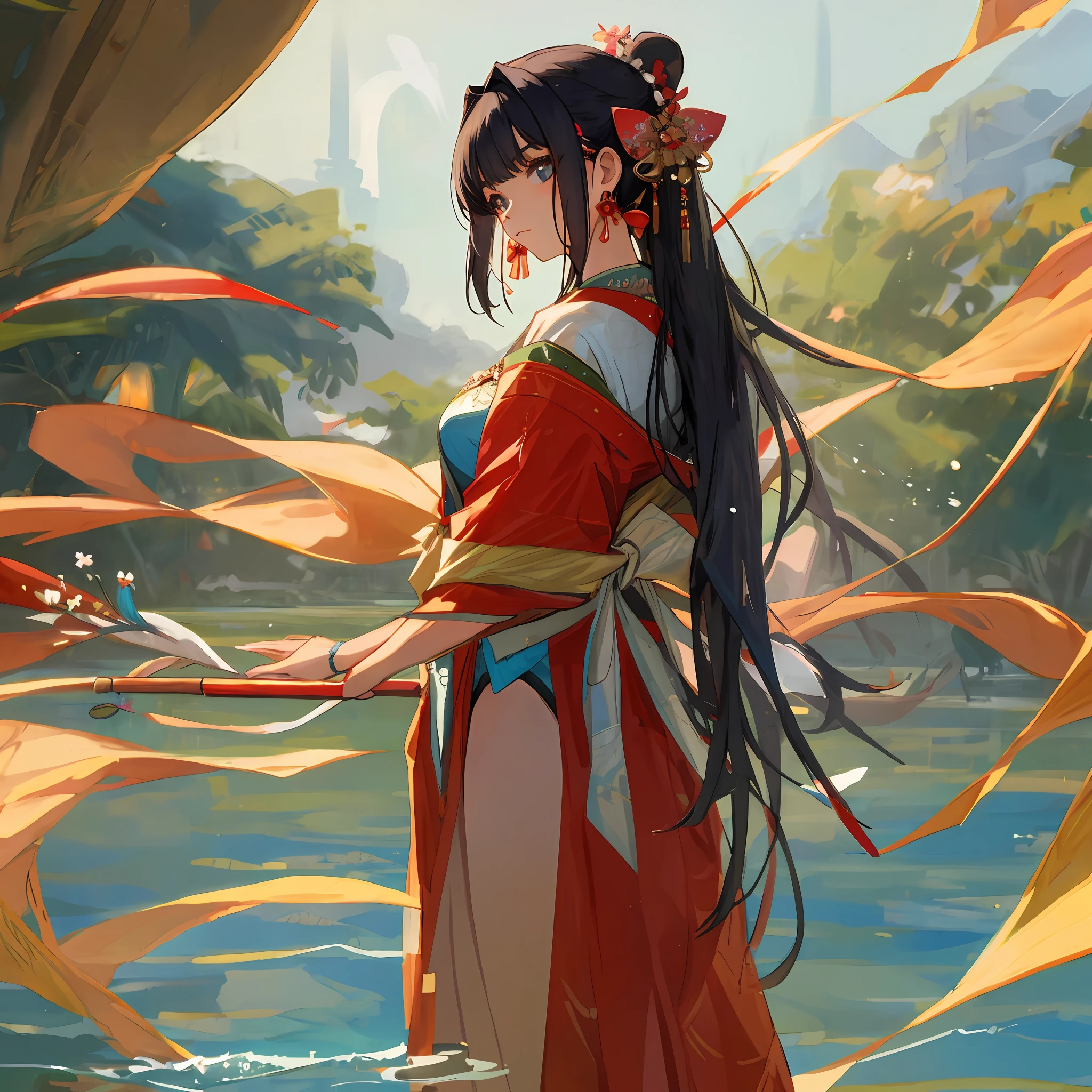 Oriental beauty in swimsuit with bow on hair ornament