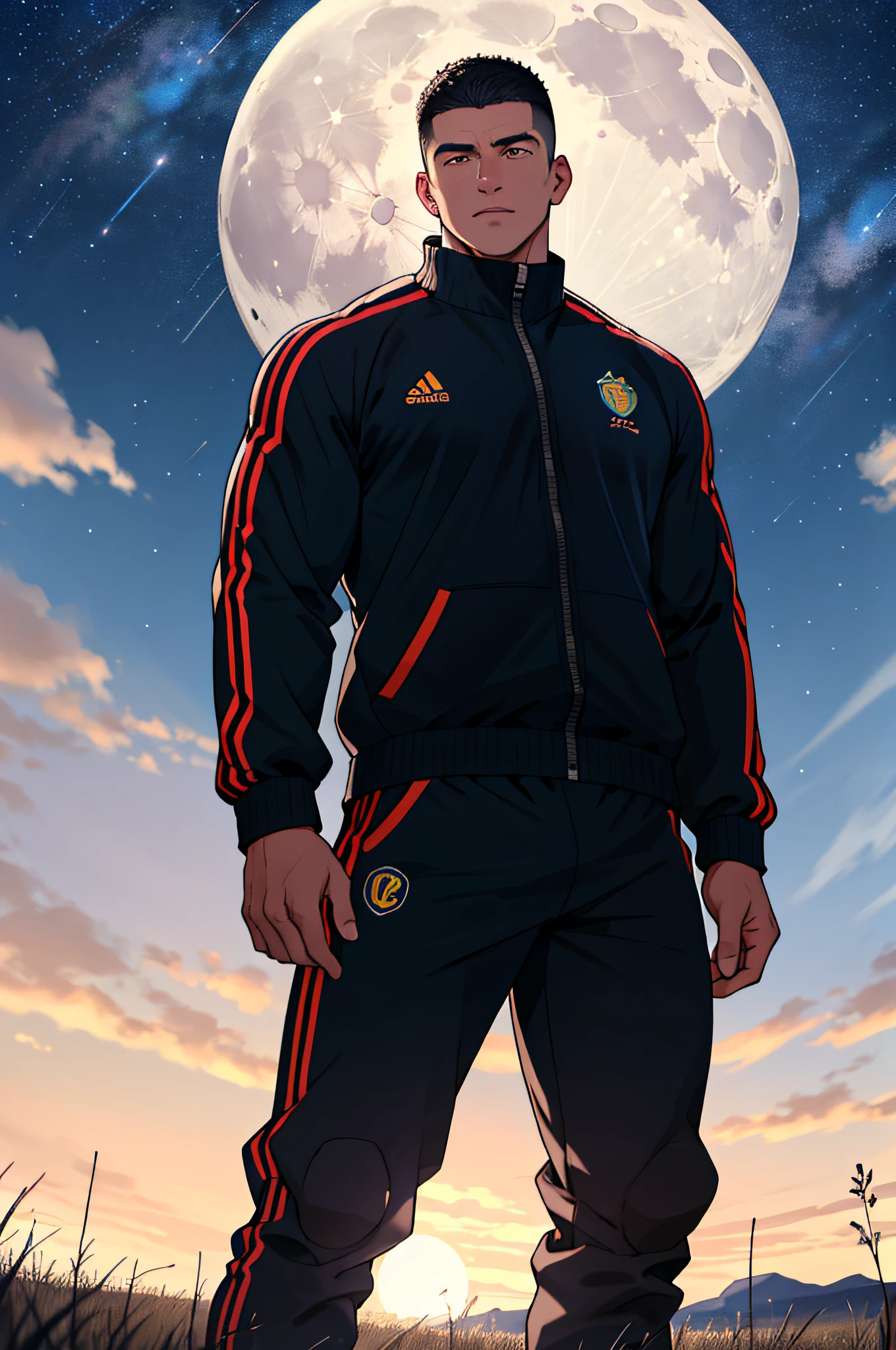 Draw a full-fledged footballer,Standing on the steppe at night,He was wearing a tracksuit,The man looks confident and determined,looking-down,Crew cut,full bodyesbian,Stars dot the sky,shooting from below,Big moon highlights background