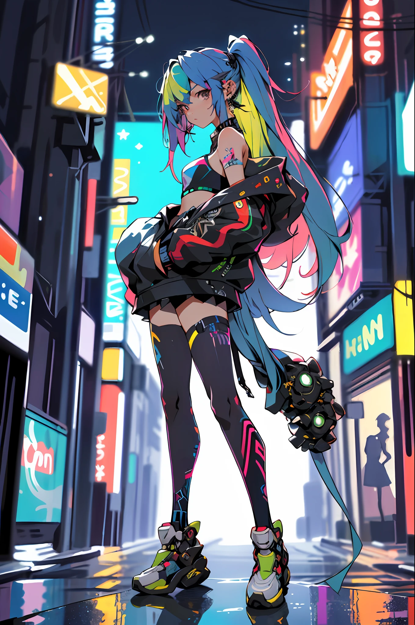 (masterpiece, best quality, high quality, highres, ultra-detailed),  cyber sttyle girl, 1girl,  solo, in nightclub ,bar, bare shoulders, mecha, cyberpunk, back,from behind,full body, BREAK, rainbow hair,long hair,