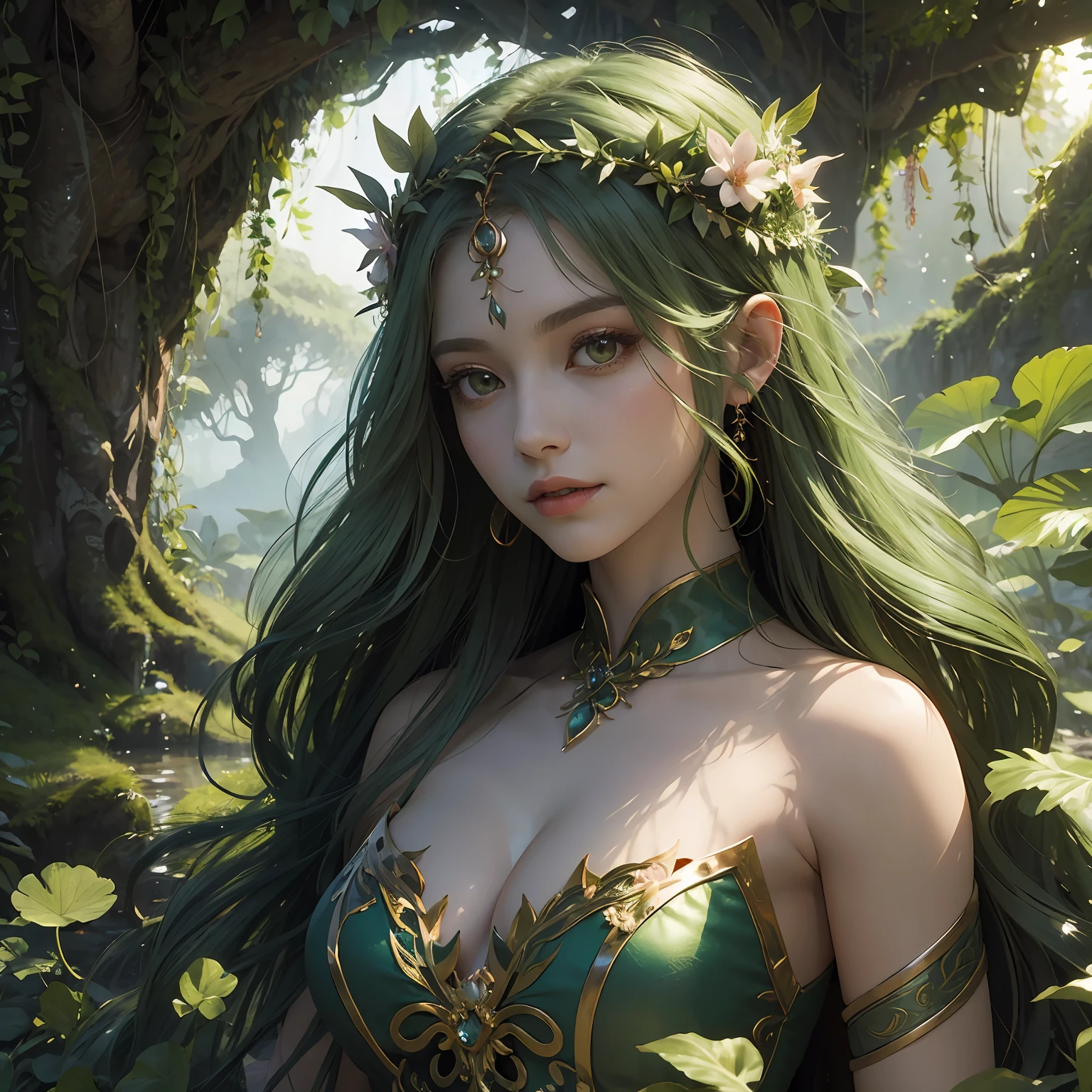 masterpiece captivating portrayal of a D&D dryad, a mystical being composed entirely of lush vegetation, brought to life by the visionary artist, Sylvan Frostleaf. (Verdant:1.2) form adorned with vibrant leaves and blossoms, (graceful:1.1) movements echoing the dance of nature, (transcendent:1.1) aura radiating a serene energy, (piercing:1.1) eyes reflecting ancient wisdom, (whispering:1.1) foliage entwined in her hair, (harmonious:1.1) connection with the surrounding flora, (unveiling:1.1) the profound bond between the dryad and the natural world, (capturing:1.1) the essence of her botanical beauty, (immortalizing:1.1) the enchantment of the vegetation-made dryad.