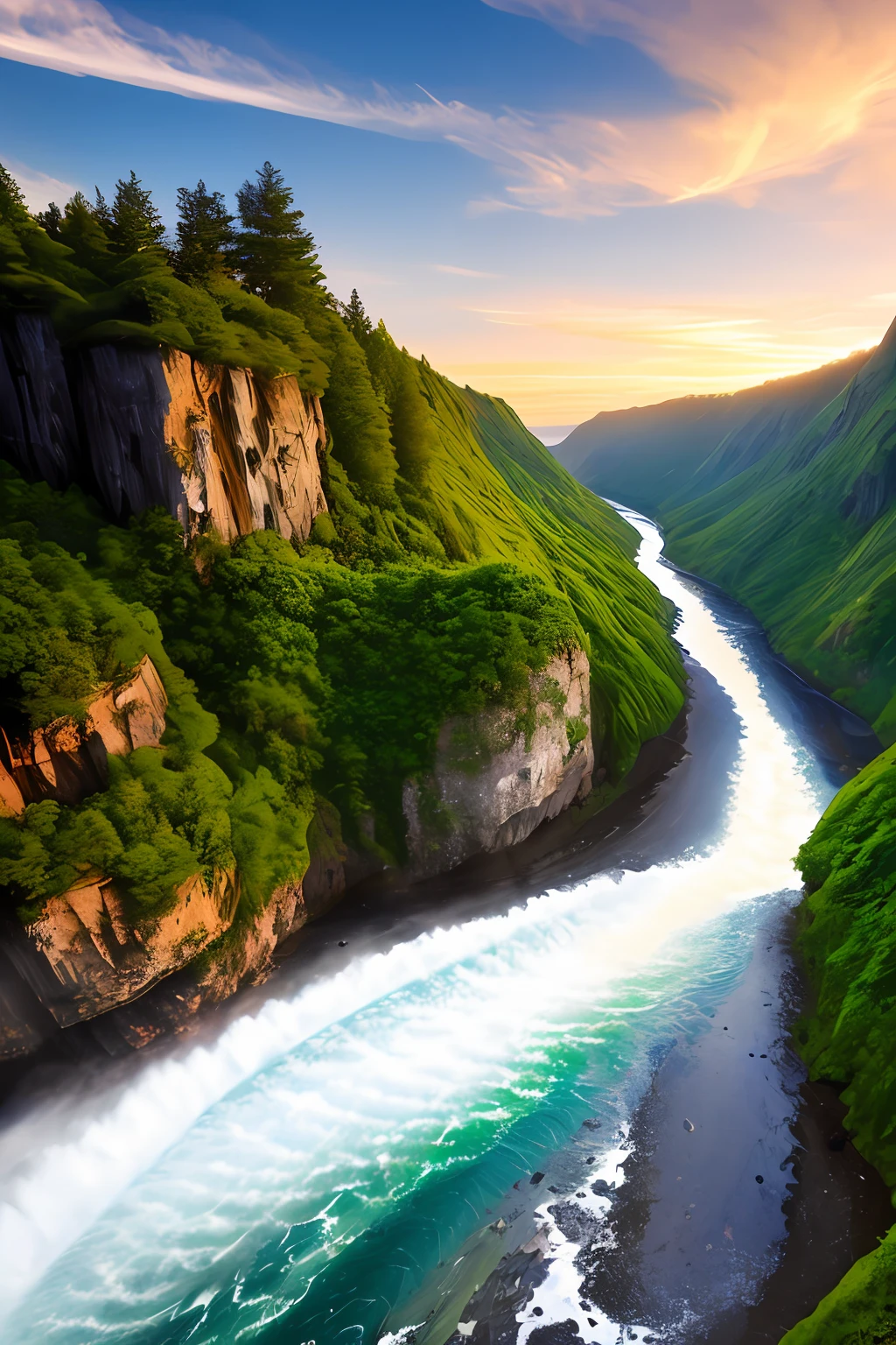 Masterpiece, ultimate quality, Cg unity 8k wallpaper, super delicate, beautiful sky and clouds, rich natural scenery, cliffs, lakes and rivers, waterfalls and flying water, beautiful green mountains, no trace of people, excellent scenery, has already won a photo contest, background Blurring, full depth of field, HDR high dynamics, true restoration, intricate, extreme details, dramatic presentation, perfectly presenting the style of midjourney art.