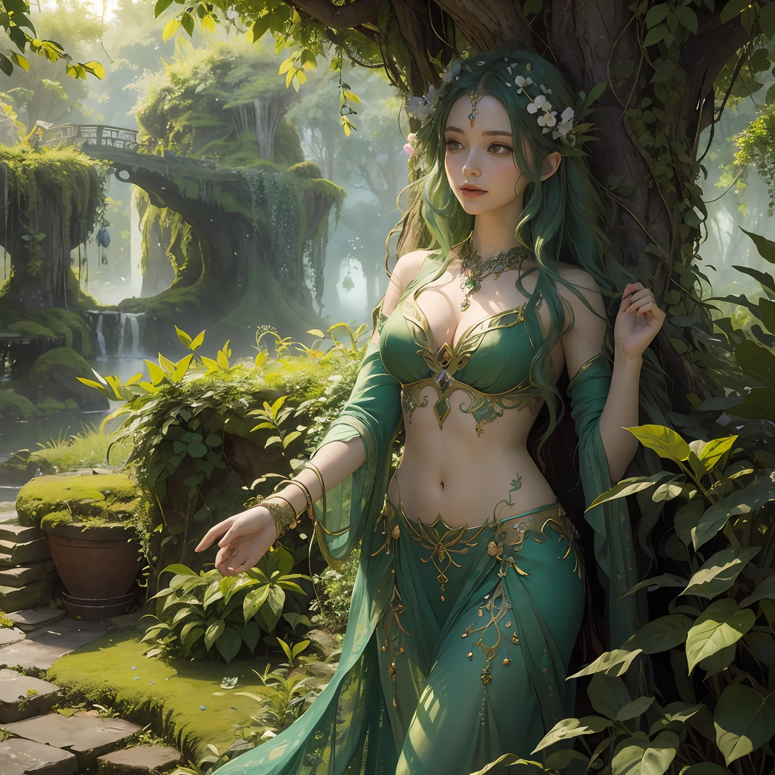 masterpiece captivating portrayal of a D&D dryad, a mystical being composed entirely of lush vegetation, brought to life by the visionary artist, Sylvan Frostleaf. (Verdant:1.2) form adorned with vibrant leaves and blossoms, (graceful:1.1) movements echoing the dance of nature, (transcendent:1.1) aura radiating a serene energy, (piercing:1.1) eyes reflecting ancient wisdom, (whispering:1.1) foliage entwined in her hair, (harmonious:1.1) connection with the surrounding flora, (unveiling:1.1) the profound bond between the dryad and the natural world, (capturing:1.1) the essence of her botanical beauty, (immortalizing:1.1) the enchantment of the vegetation-made dryad.