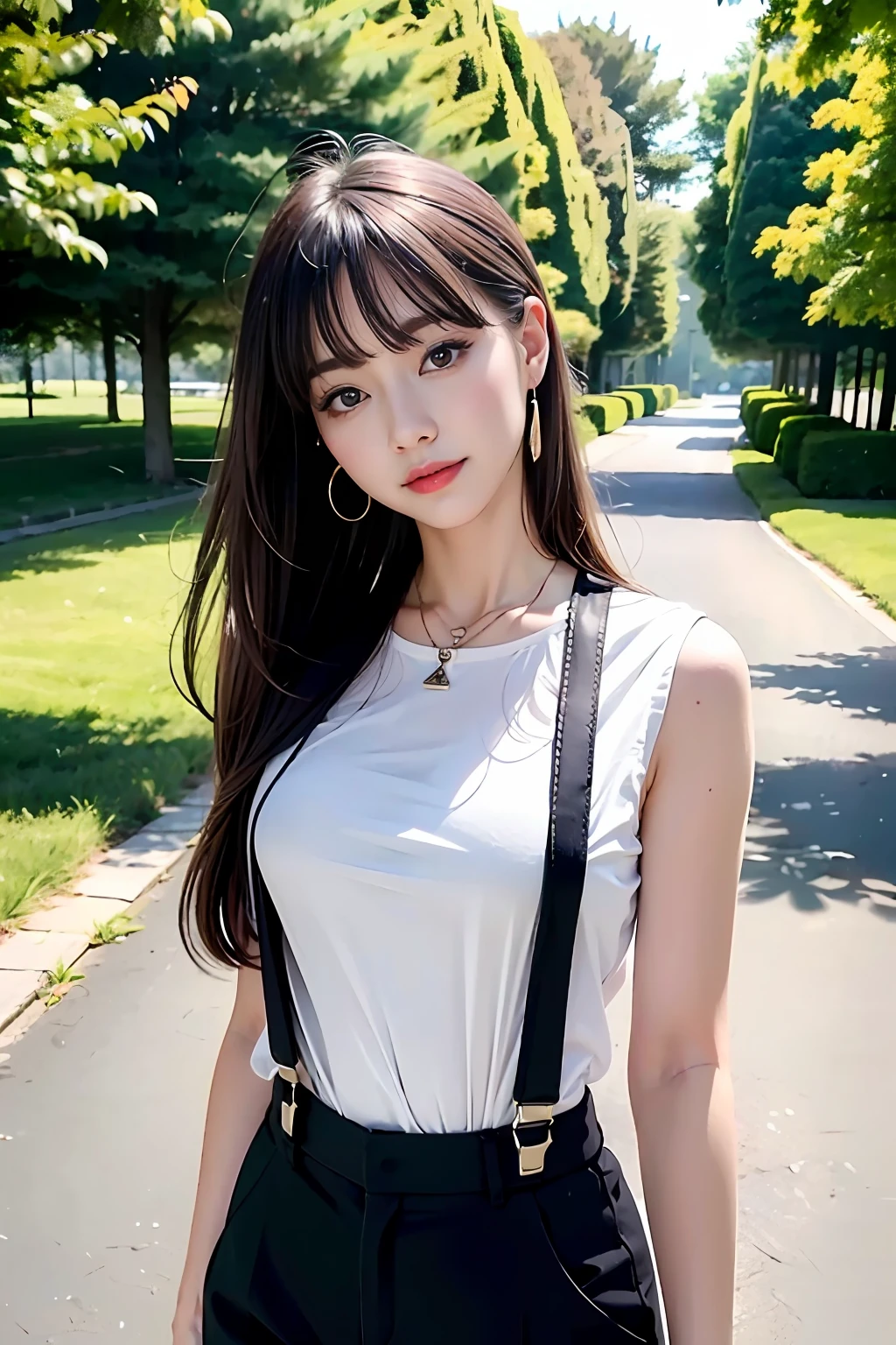 top-quality、de pele branca、Real Human Skin、(Detailed)、oval-face、pores、超A high resolution、(8K、Raw photography、Photorealsitic:1.4)、女の子1人、Slimed、(A person who sees with calm and goddess-like eyes)Happiness:1.2)、(lipgloss、Eye lashes、Gloss Face、top-quality、超A high resolution、Wide range of lighting、Natural Shading)、Trousers with suspenders、Fashion Shirts、a park、full body Esbian