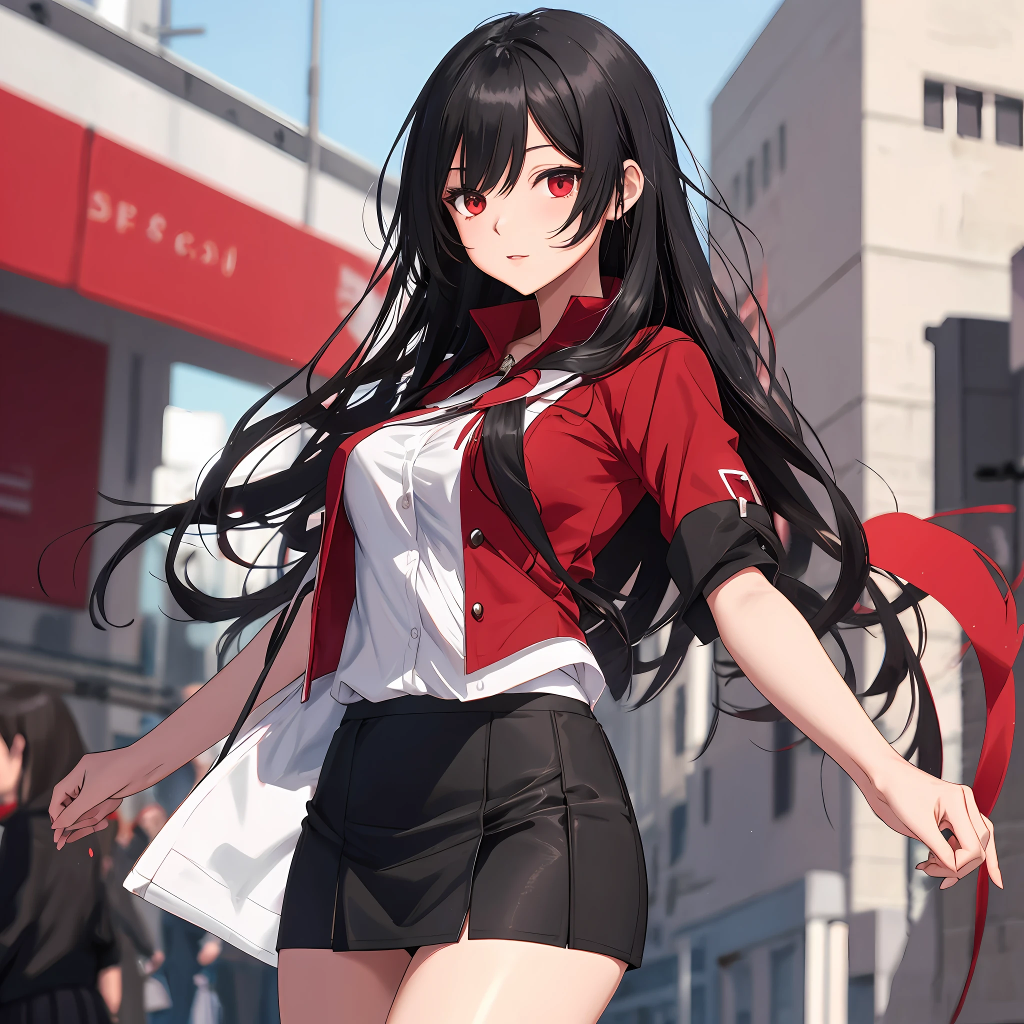 A long, Straight black hair,red color eyes,2-dimensional,short skirt,tiese,mitts,nedium breasts