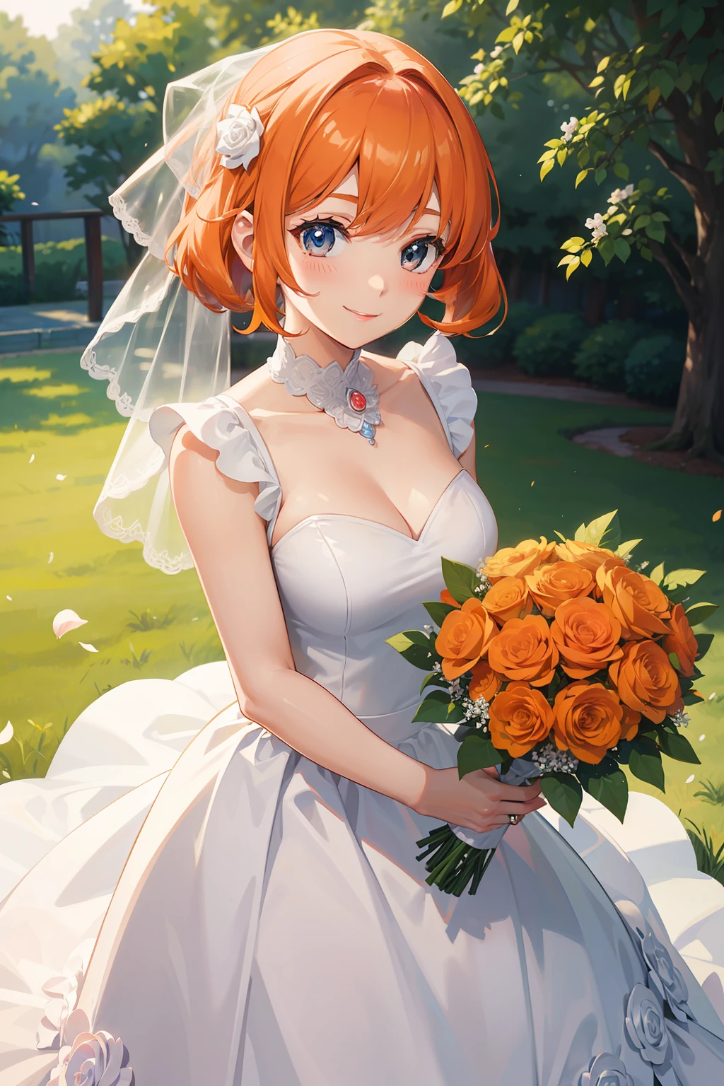 Serena from pokemon, 1girl, Wearing a Wedding Dress, Smiling, Blushing, mature woman, holding a bouquet of flowers, short orange hair, highly detailed face, cute