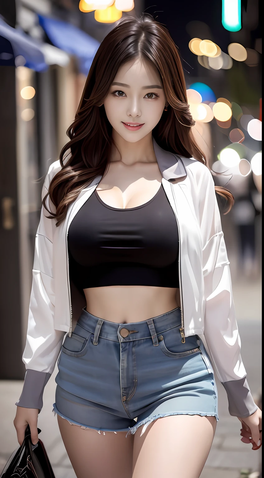 (8k, best quality, masterpiece:1,2), (realistic, photo-realistic:1,37), top quality, masterpiece, a beautiful woman, wearing a shirt for women crop v neck top white t-shirt korean fashion women t with a tight open gray color jacket, beautiful and toned body, cleavage, floral mini skirt, walking in the suburbs, slightly drizzling night background, in shops with Korean-style shop lights, night atmosphere, slightly wet asphalt, seductive smiles with dimples,