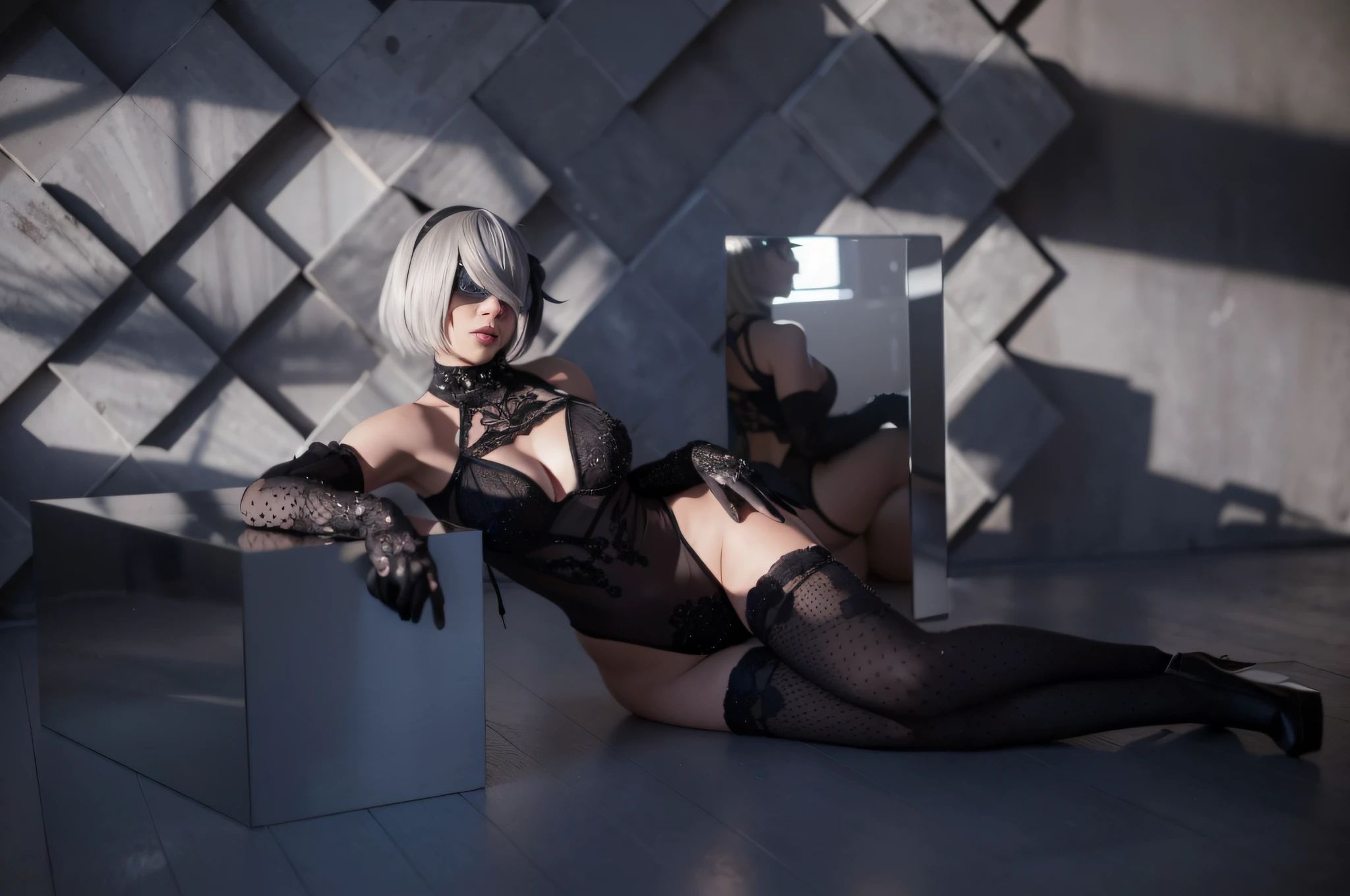 There was a woman in a black dress lying on a chair, 2 B from Neil Mechanical Age, 2b from nier automata, 2 b, 2b, 2b Deny automata, nier inspired, nier:automata inspired, nier : automata inspired, Neil 2 B, film still of 2b nier automata, nier autoamata, nier
