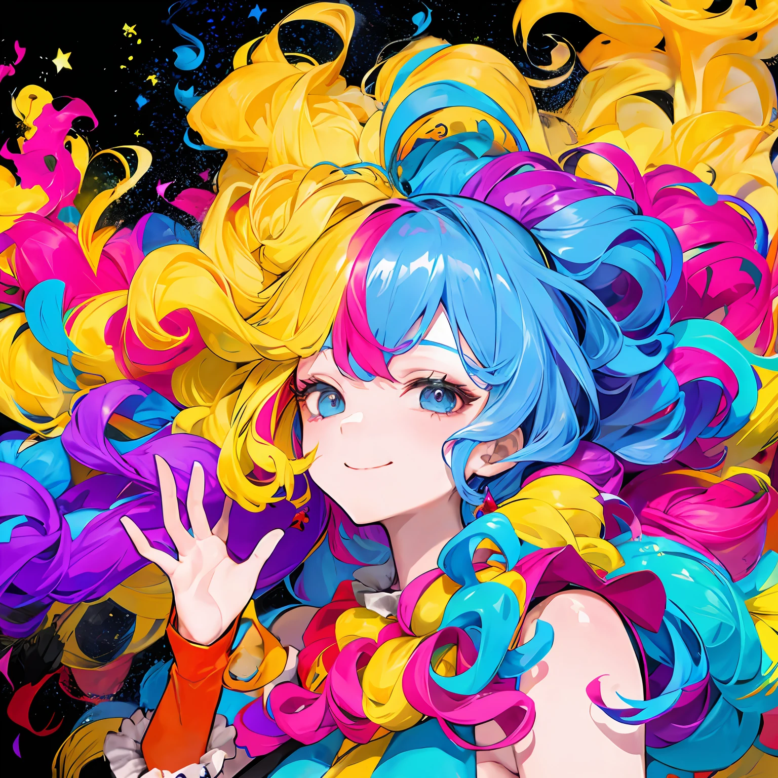 clown,smile,big hair,(wavy multicolor hair:1.2),(smokeanywhere:1.4)