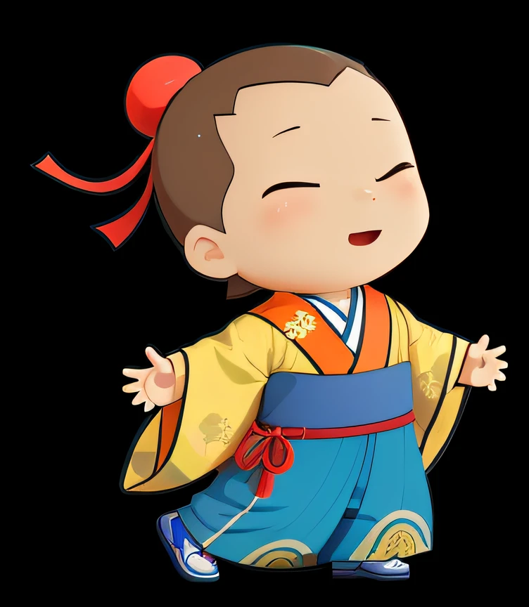 Cartoon character of boy in blue and yellow kimono, inspired by Chen Daofu, inspired by Shūbun Tenshō, Inspired by Seki Dosheng, Wearing ancient Chinese clothes, daoshu, kaguya ōtsutsuki, Chinese costume, dancing character, Middle metaverse, Japanese cartoon style