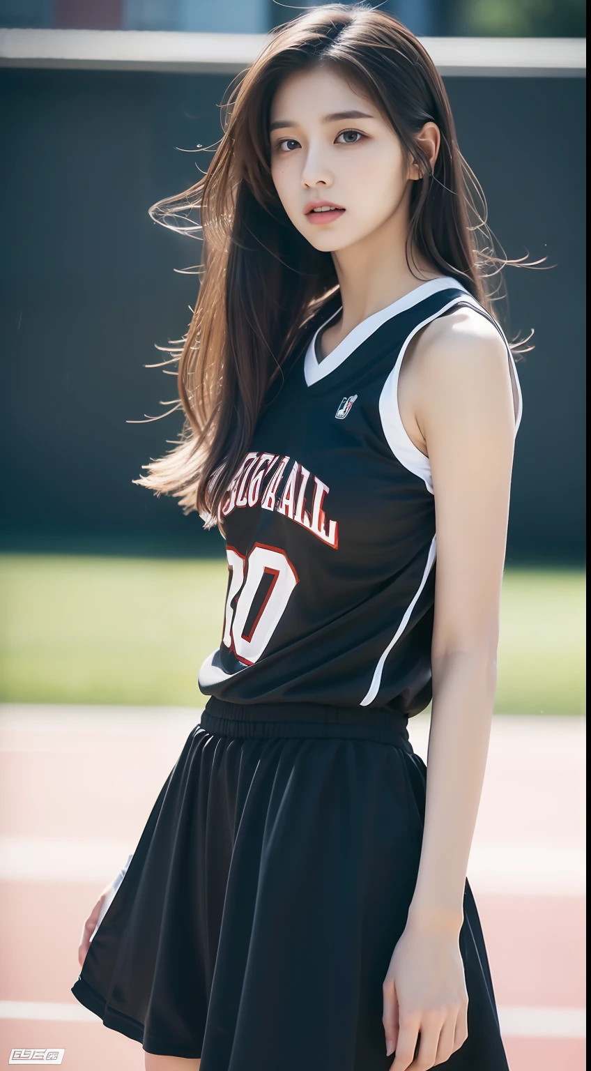 (8k, Best Quality, Masterpiece: 1.2), (Realistic, Realistic: 1.37), Ultra Detailed, Best Quality, Ultra High Resolution, Professional Lighting, Photon Mapping, Radiosity, Physically Based Rendering, Cinematic Lighting, Basketball court, depth of field, clear focus, sunlight, good composition, (bokeh: 1.2) 1girl, solo, (full body), (closed mouth), beautiful and detailed eyes, pose, narrow waist, basketball uniform, black hair , messy hair, long hair blowing in the wind, (ulzzang-6500:1.2) mix4, hiqcgbody