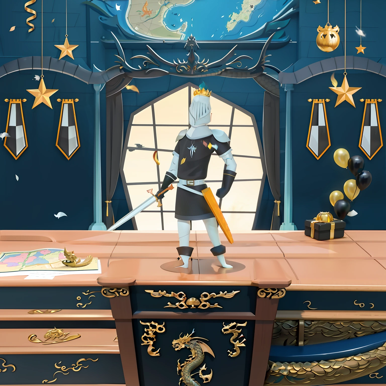 ((dragon)), ((chest)), map, gold, boat, witch, flying broom