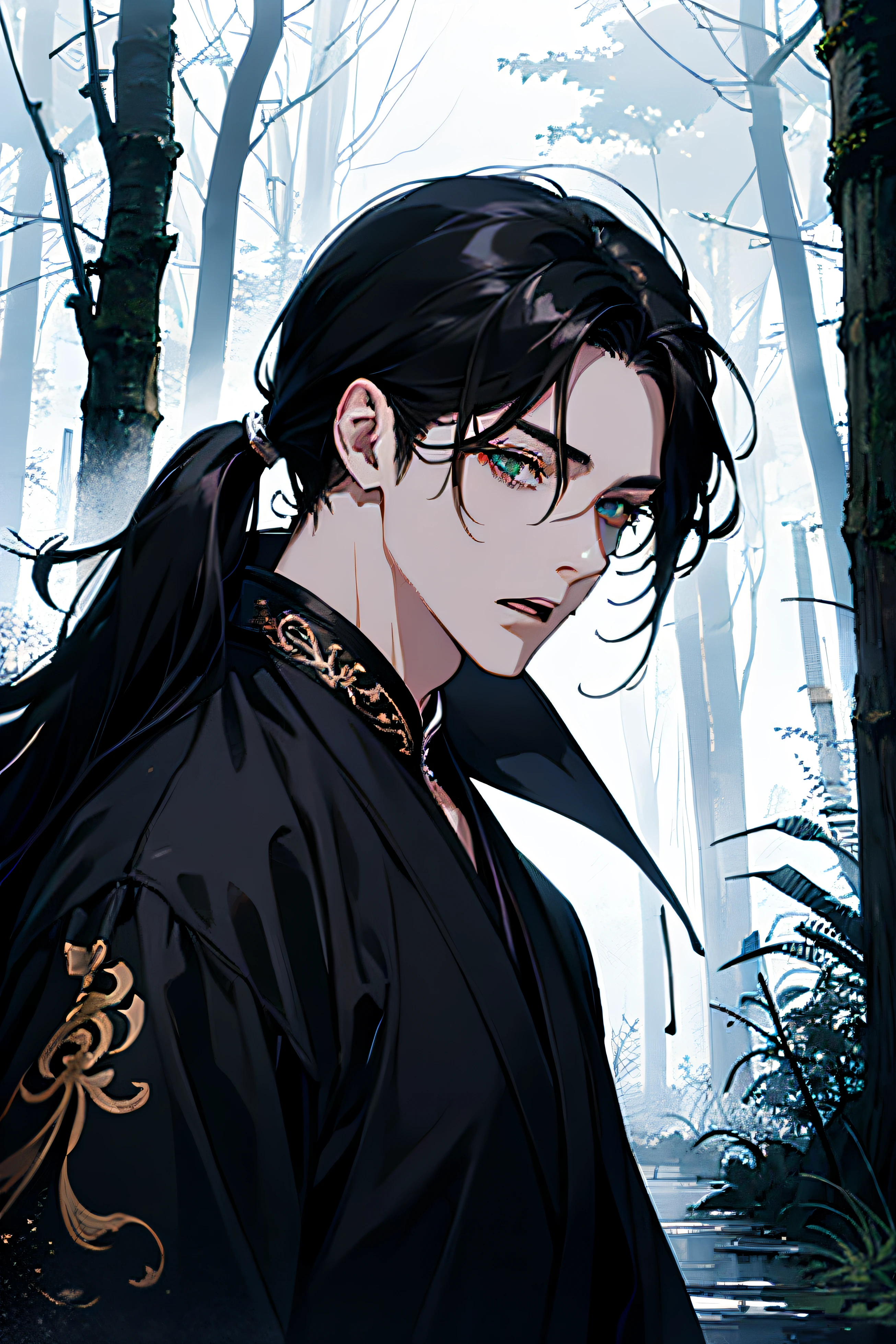 (absurderes, hight resolution, ultra-detailliert), 1man, 18-year-old man in Han style、 Handsome, tall,, finely detailed eyes and detailed face, Hanfu、(Black Hanfu)、((Black clothe)), ((Black coat))、Night, eye line、Vampires, ((Long hair, Black hair)), (((poneyTail))), (foggy forest)、tusk、((double tooth))、(Opening Mouth)、Black Hanfu、Gothic, Dark, Take in the view, pale skin, Green detailed eyes, eye line, (masculine), A sexy、Seductive, slightly muscular, Very attractive, flirtatious、Ancient Chinese black robes