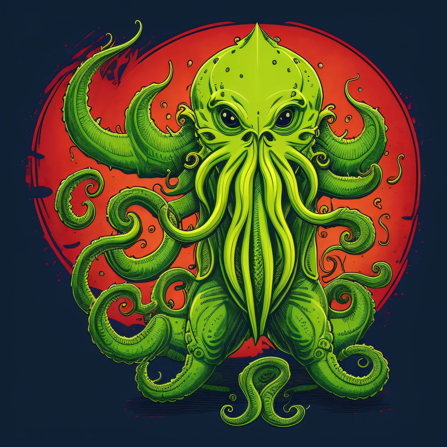 High-quality line-art T-shirt design showcasing the full render of the elder god Cthulhu, featuring bold outlines and vibrant colors.