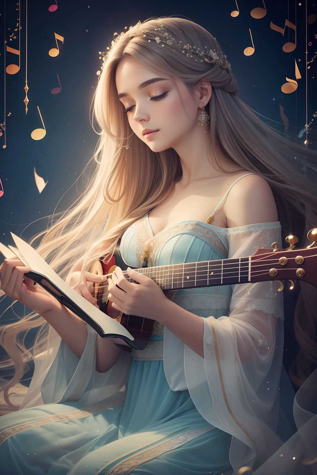 A dreamy depiction of a melodic singer serenading amidst a cascade of enchanting musical notes.