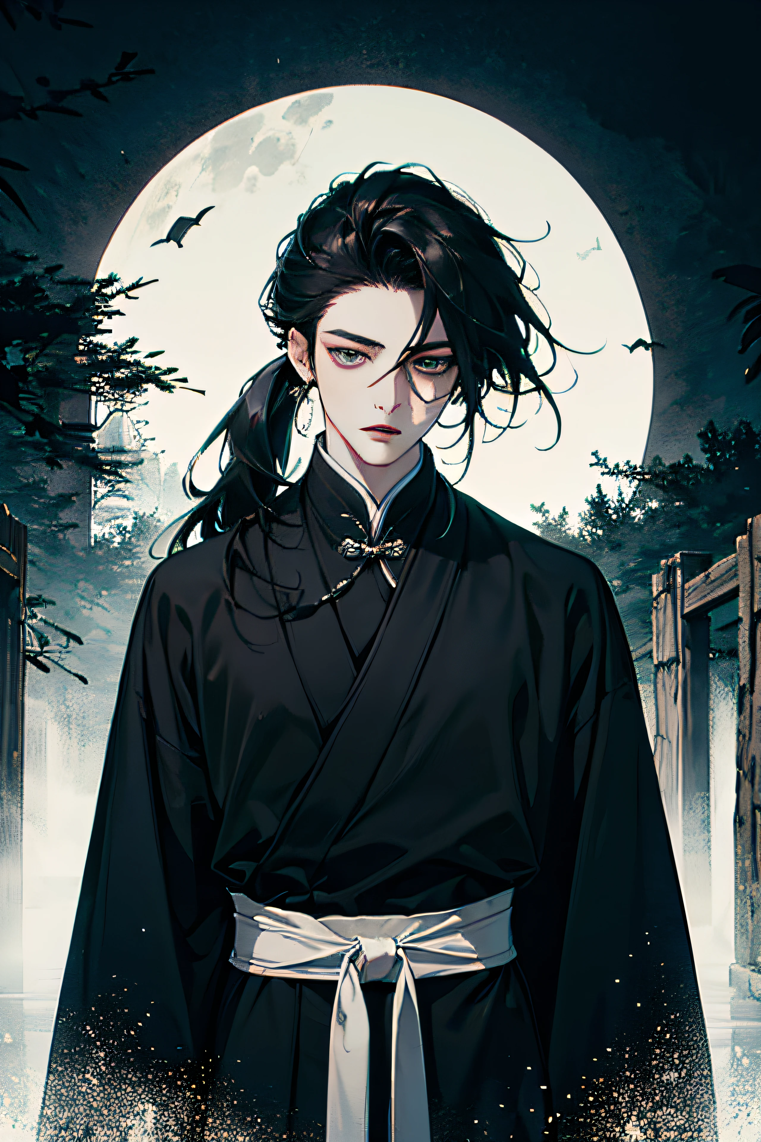(absurderes, hight resolution, ultra-detailliert), 1man, 18-year-old man in Han style、 Handsome, tall,, finely detailed eyes and detailed face, Hanfu、(Black Hanfu)、((Black clothe)), ((Black coat))、Night, eye line、Vampires, ((Long hair, Black hair)), (((poneyTail))), (foggy forest)、tusk、((double tooth))、(Opening Mouth)、Black Hanfu、Gothic, Dark, Take in the view, pale skin, Green detailed eyes, eye line, (masculine), A sexy、Seductive, slightly muscular, Very attractive, flirtatious、Ancient Chinese black robes
