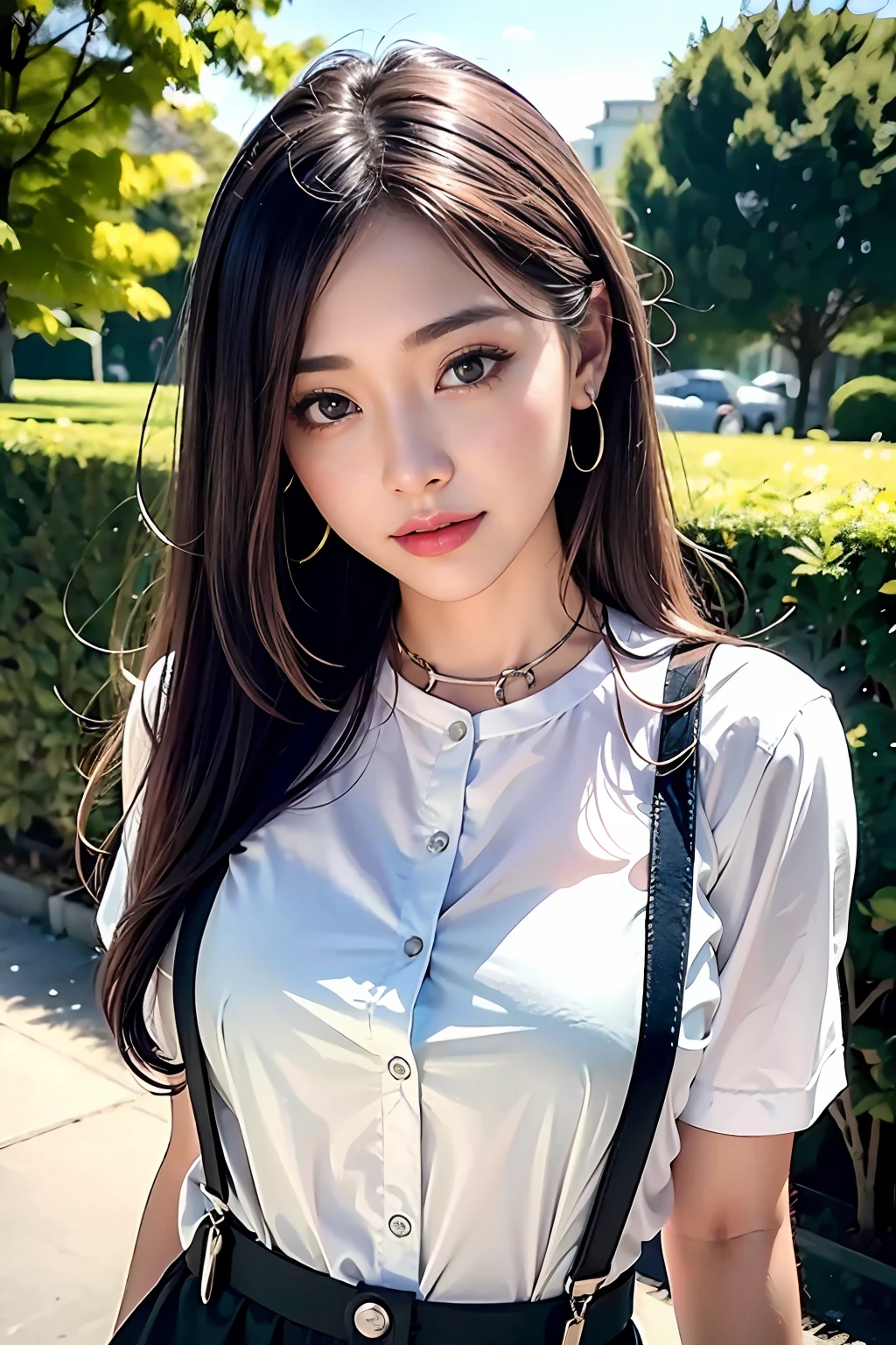 top-quality、de pele branca、Real Human Skin、(Detailed)、oval-face、pores、超A high resolution、(8K、Raw photography、Photorealsitic:1.4)、女の子1人、Slimed、(A person who sees with calm and goddess-like eyes)Happiness:1.2)、(lipgloss、Eye lashes、Gloss Face、top-quality、超A high resolution、Wide range of lighting、Natural Shading)、Trousers with suspenders、Fashion Shirts、a park、full body Esbian