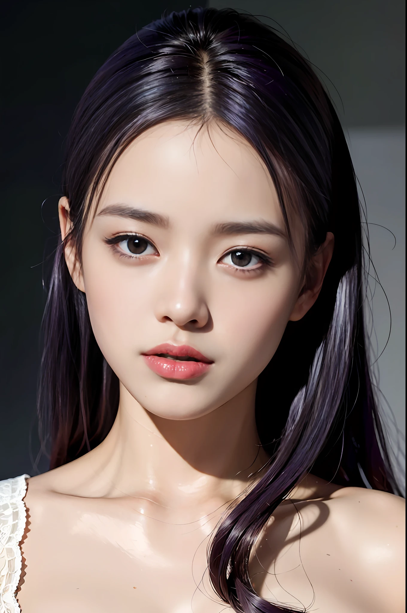 best qualtiy，tmasterpiece，extremely detaile，A high resolution，4K，超A high resolution，detailedshadows，Ultra photo realsisim，realisticlying，Dramatic lighting，1girll，独奏，详细的脸，photorealistic eye，Realistic skin，（Purple colored hair：1.5），dynamicposes，White Sexy Underwear，huge tit