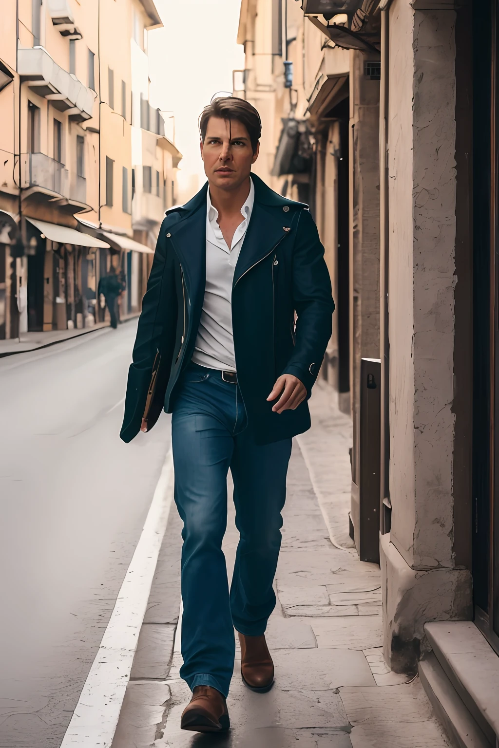 masterpiece、Tom Cruise walking through the ht town among Italy、(high detal:1 1)、Coarse face、Natural skin、hightquality、nsfw、beautidful eyes、(detailed faces and eyes)、(faces: 1 2)、noise、extra, Authentic Photos, PSD, lamp film photography, foco nítido, Contrast lighting, Detailed skin, High Resolution 8k, Crazy Detail, realisticlying, professional photograpy, 8k UHD, SLR camera, Soft lighting, hightquality, film grains, FujifilmXT3