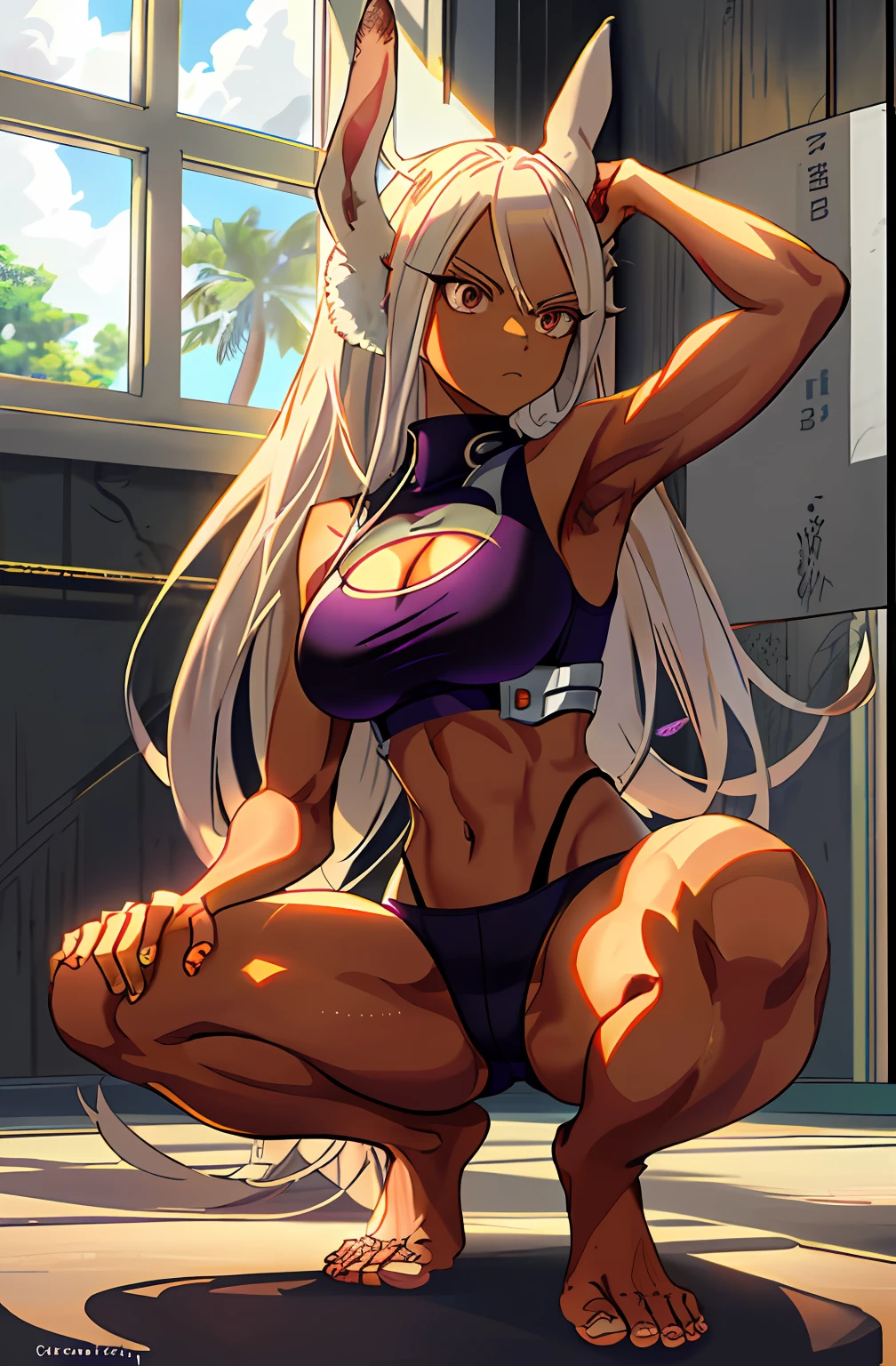 [miruko; Boku no hero academia], ((masterpiece)), ((solo portrait)), ((front view)), ((cute)), ((High definition)), ((anime)), ((Kohei Horikoshi)), ((detailed shading)), ((intricate details)), [{beautiful woman; (dark skin), (beautiful maroon eyes, long white hair, long eyelashes, large boobs, (cleavage), (sexy ass), (camel toe), (long rabbit ears), (defined leg muscles), (defined arm muscles), (beautiful feet)}, {(black sports bar), (purple yoga shorts), (barefoot)}, {(expressionless)}], {(squatting), (hand on knee), (arm above head)}, [Background; (gym room), (window), sunny, (blue sky)]