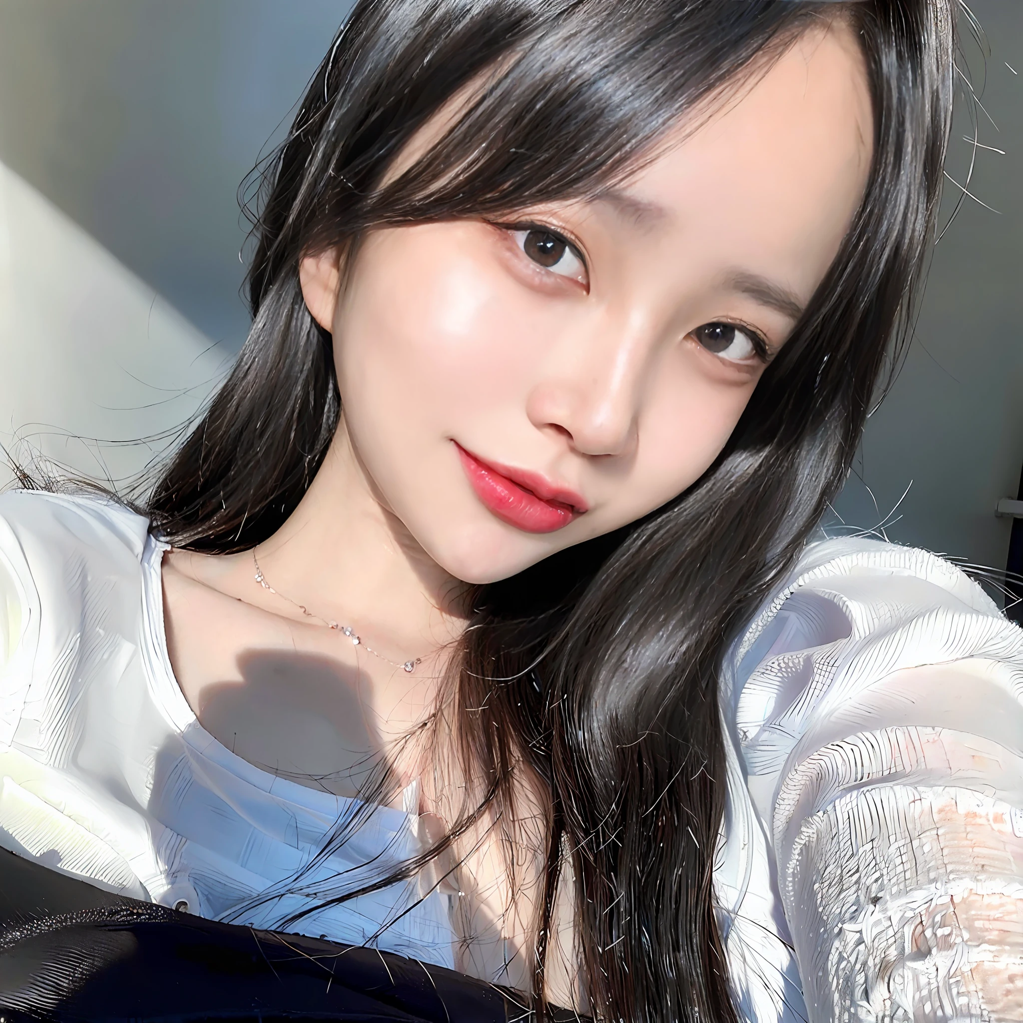 a RAW Photo of girl, (masterpiece:1.1), best quality, ultra high res, high detailed, (photorealistic:1.4), sharp, focus, face detail, (eyebrow piercing:1.1), detailed eyes, detailed face, 1girl, off-shoulder white shirt, black tight skirt, black choker, (faded ash gray hair:1.2), (huge breasts:1.1), looking at viewer, closeup