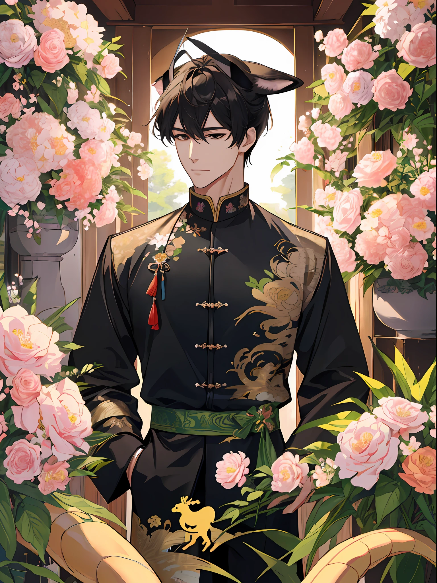 (in 8K, hight resolution, ultra-detailliert), a couple, 1 man and 1 man, Mature, knights、校服、Animal ears,、florals、Lots of flowers nearby、shenron、extra detailed face