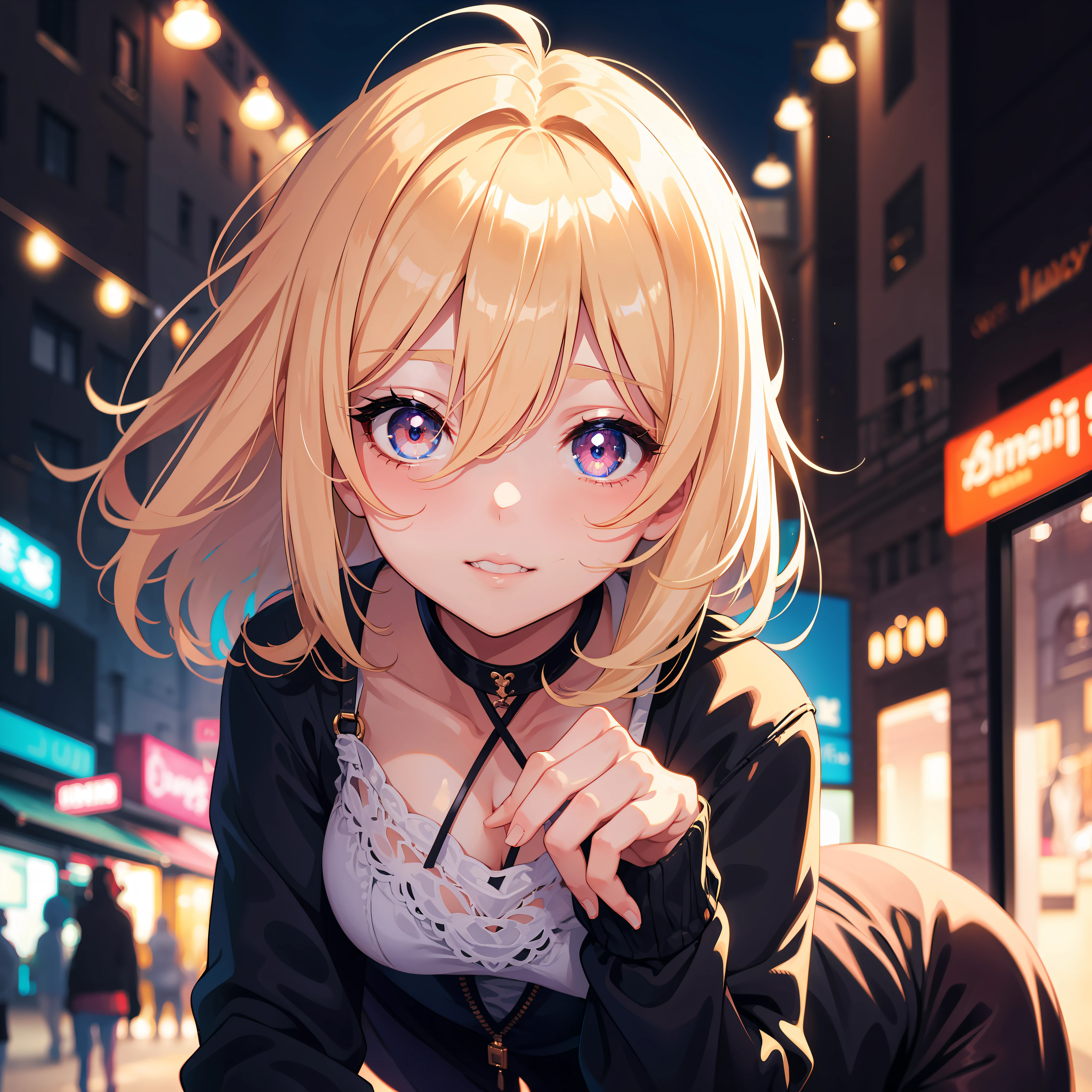 Only focus on face, sexy cute girl, short blondy hair, colored ambient lights, street background, long eyelashes, cute clothes, rose eyes, cute Leaning forward pose, Biting his lips, shiny eyes