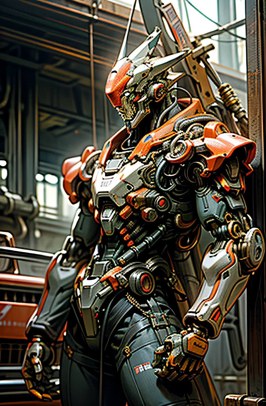 Dark_Fantasy,Cyberpunk,(chain saw,chain saw man,Red:1.1),1man,Mechanical marvel,Robotic presence,Cybernetic guardian, wearing a worn-out mech suit, intricate, (steel metal [rusty]), elegant, clear focus, shot by greg rutkowski, soft lighting, vibrant colors, masterpiece, ((street)), cowboy shot, dynamic pose,