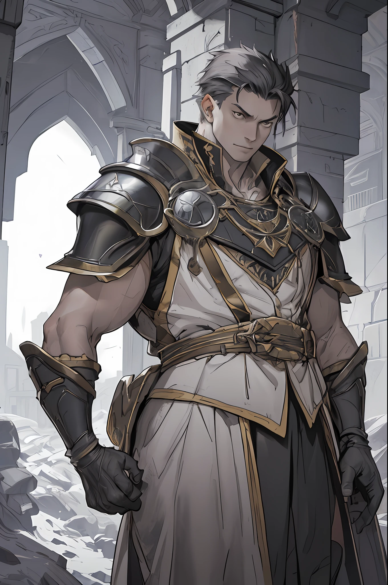 Portrait of a man, 1boy, Solo, Stand quietly, Heroes, A hero never seen before, jawline, Male, Epic, Handsome, prince, warrior, Silver armor, hyperdetailed 3d matte painting, cinemascope panoramic, awe inspiring, landscape, Natural skin texture, Sharp focus, ((Cinematic look)), insanely details, Intricate details, greg rutkovsky、Works of art by Caravaggio and Alphonse Mucha, analogue style, Castle, inside castle, Calm environment,