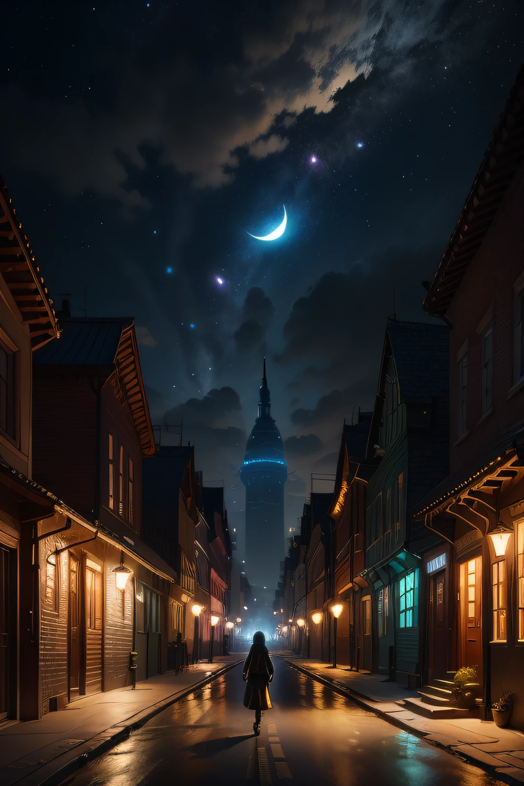 expansive city photograph, (a view from below that shows houses above and many ruelles below), a girl walking on the street, Exhausted, (half moon:1.2), ( shooting stars:0.9), distant tower, house BREAK, production art, (cold light source:1.2), (Firefly:1.2), no lamp, lot of blue and black, intricate details, volumetric lighting, city lighting, realism BREAK, ultra-detailed, (dynamic composition:1.4), highly detailed, colorful details, ( iridescent colors:1.2), (glowing lighting, atmospheric lighting), dreamy, magical, (solo:1.2), (masterpiece:1.2), (best quality), 4k