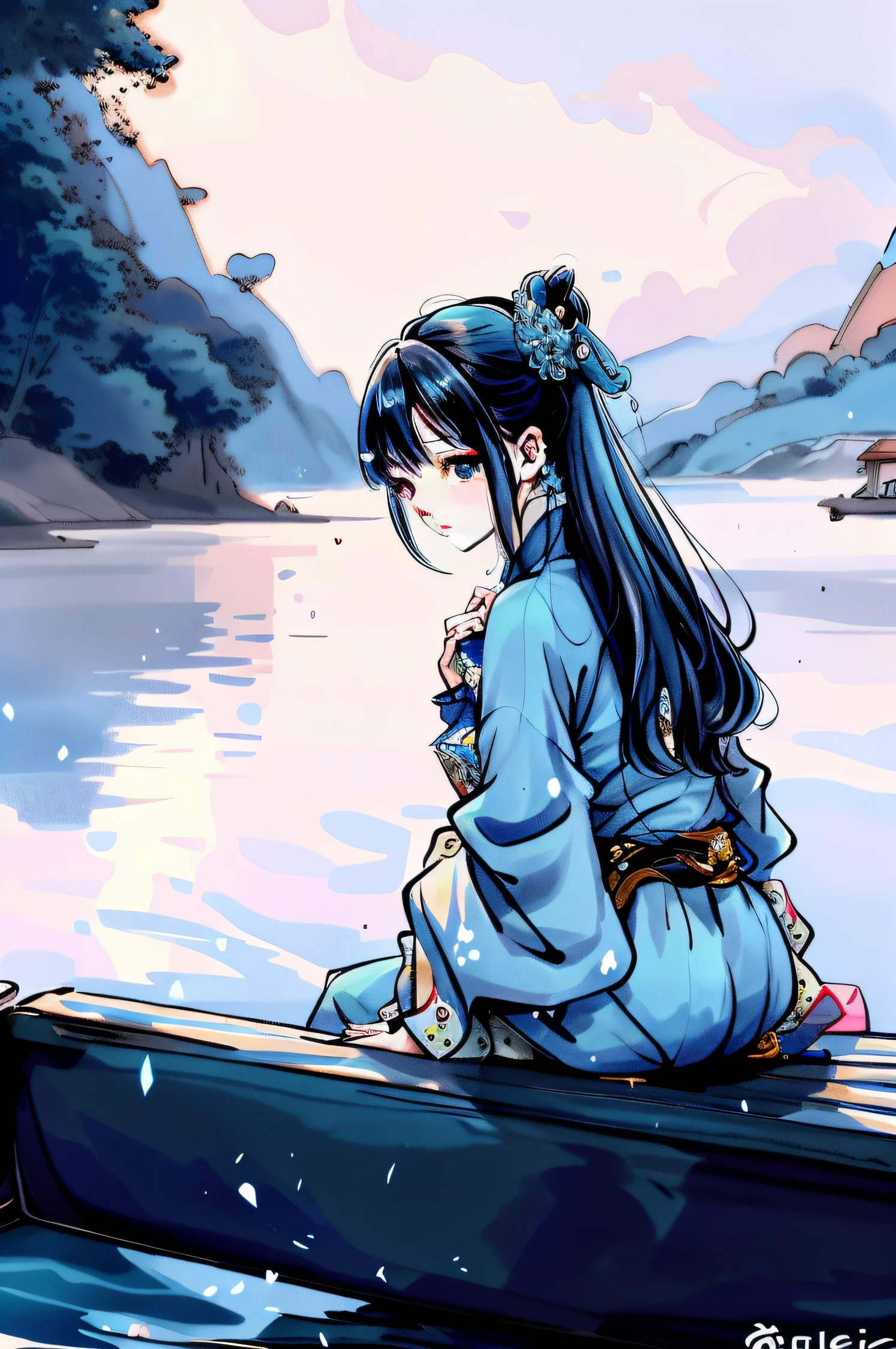 Anime girl sitting on boat looking at the water, wallpaper anime blue water, Anime girl walking on water, Beautiful anime, Beautiful anime style, style of anime4 K, Beautiful anime girl, By Yuumei, Palace , A girl in Hanfu, Makoto Shinkai Cyril Rolando, Alice X. zhang, Beautiful anime art, Beautiful anime artwork