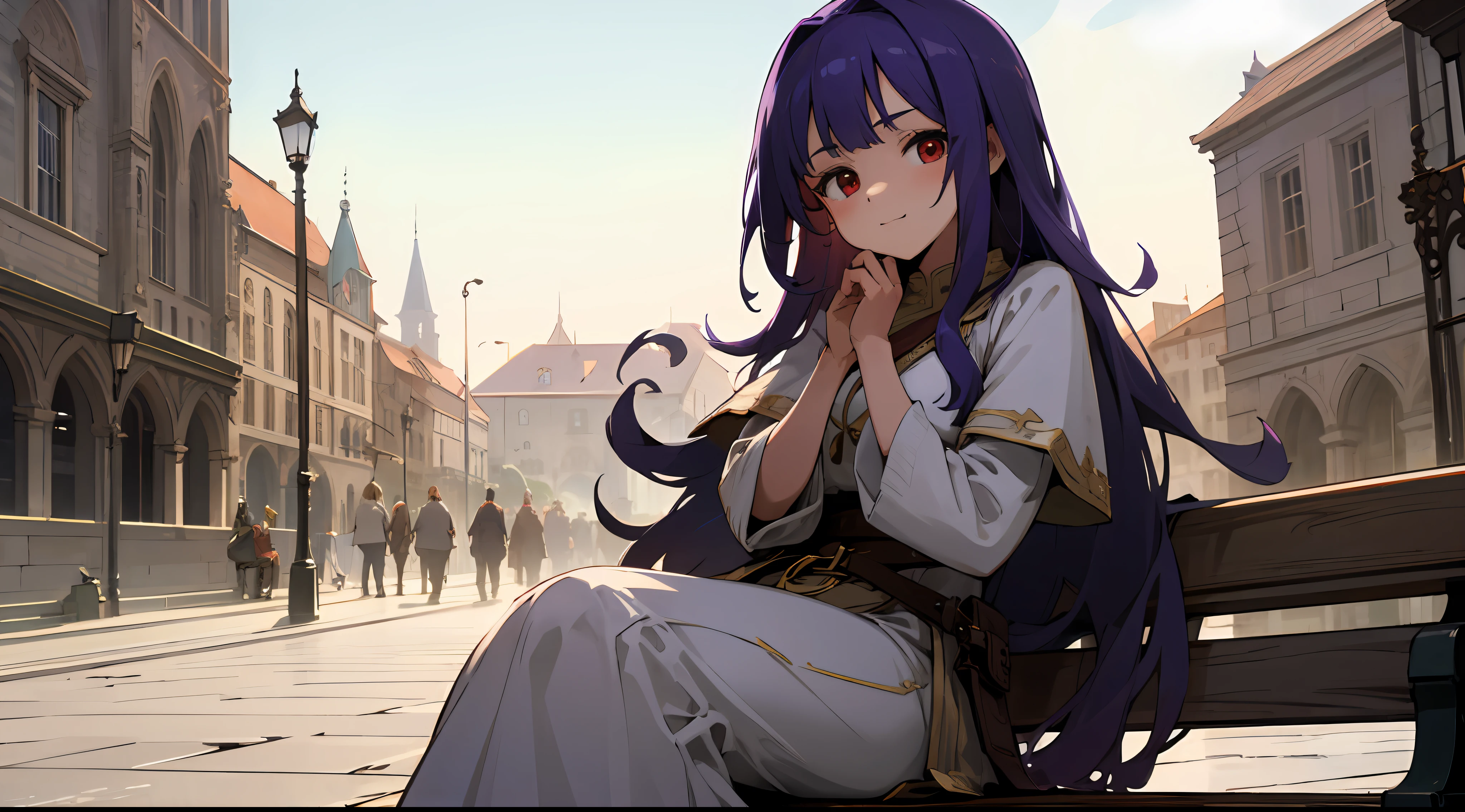 1girl, purple long hair. red eyes, wearing medieval fantasy dress, high res, ultrasharp, 8k, masterpiece, perfect body, perfect face, cute face, sitting on the bench, medieval city looking forward