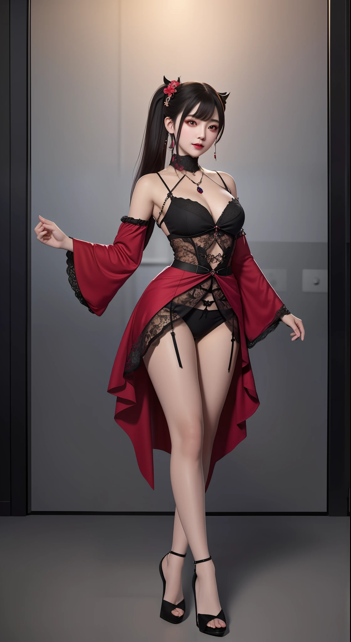 best quality, masterpiece, highres, 1girl, hanfu, white and even teeth, red irises, chinese underwear, hair ornaments, necklace, jewelry, crown jewelry. Pretty face, full body, magic import style, tyndall effect, photo realistic, dark studio, border light, two tone light, (high detail skin: 1.2), 8k uhd, dslr , soft light, high quality, volumetric light, candid, Photo , high resolution, 4k, 8k, Bokeh, (light pink lips), 1 beautiful demon from hell, In the Dark: 1.6), surreal full body of women by David Hockney and Alphonse Mucha, fantasy art, photorealism, dynamic lighting, station art, posters, volumetric lighting, highly detailed faces , super 8k, Awarded, in the dark, deep shadow, low light, cowboy lens, (Red phoenix shirt: 1.4), long hair, black hair, bust, luxury palace, Royal style family, devil's crown, red eyes with very sharp and detailed makeup, Best face, Very round and tight , Surreal, chinese women's clothing, turtleneck polo lace top, charming smile, Beautiful eye makeup, guweiz, devil style, black lace stockings, mesh stockings with hooks on underwear, ponytail with a bow at the back, dark red lips, Devil tattoo on shoulder, wearing a nightgown thin lace deep slit chest red black, overcast and thunderous landscape, (full body), Close-up of main character, (Background detail 1.8), lace socks worn at the waist,