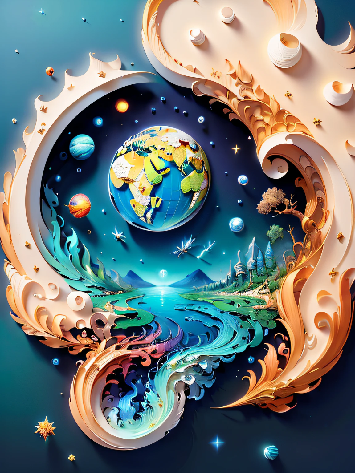 (((masterpiece))),best quality, illustration, earth, water ,fire, wind , space , paper_cut,