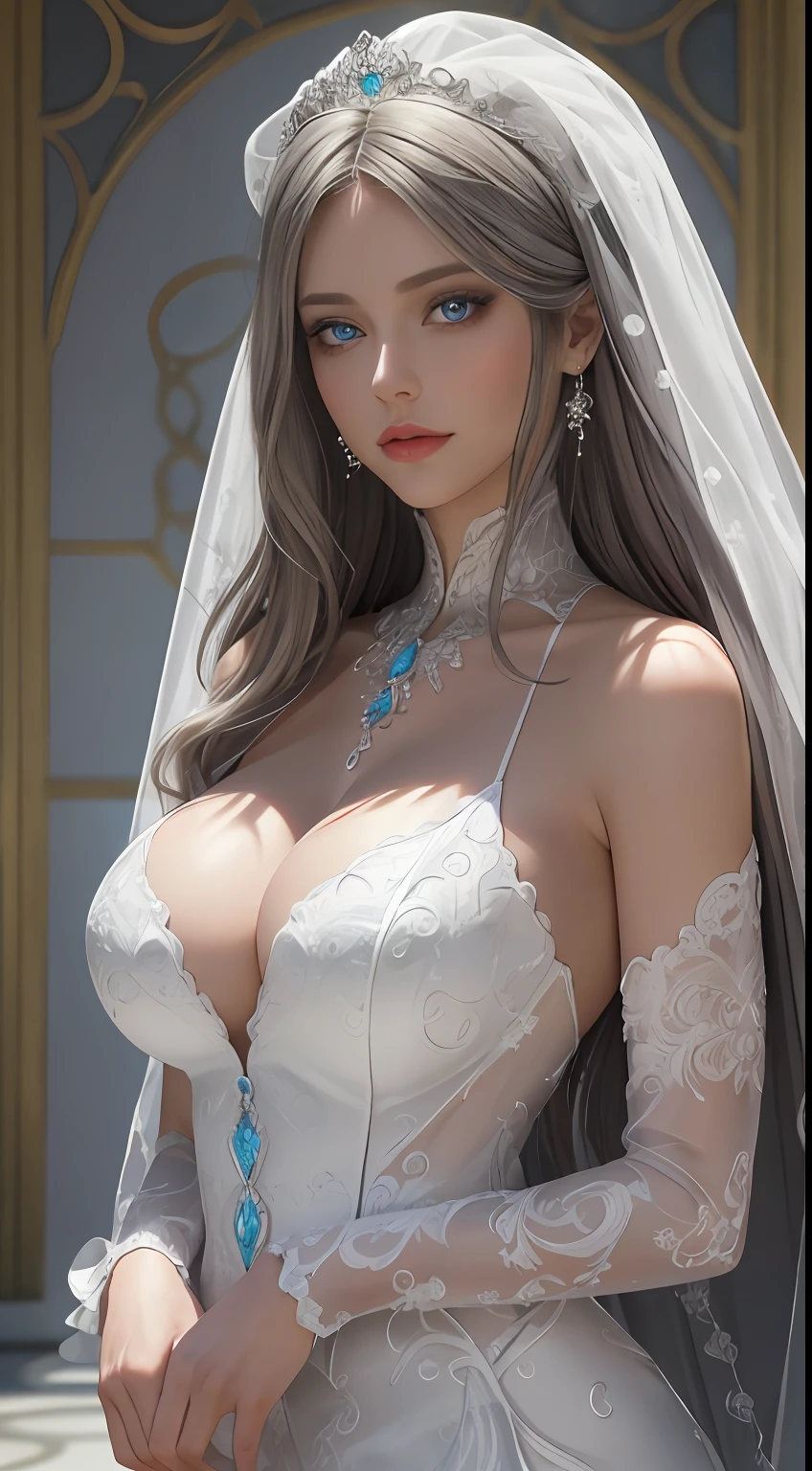 （tmasterpiece：1.3），（big breasts beautiful，astounding：1.2），（best qualtiy：1.3），（ultra - detailed：1.2），2girls，full bodyesbian，Wearing a white wedding dress，（Super detail skin：1.2），（glistning skin：1.1），（perfect anatomia，Extremely refined and beautiful：1.2），silber hair，long whitr hair，eBlue eyes，（beatiful detailed eyes：1.2），Looking_at_peeping at the viewer，ssmile，with her mouth open，stylish posing，hiddenhands，Sacred costumes，liveroom