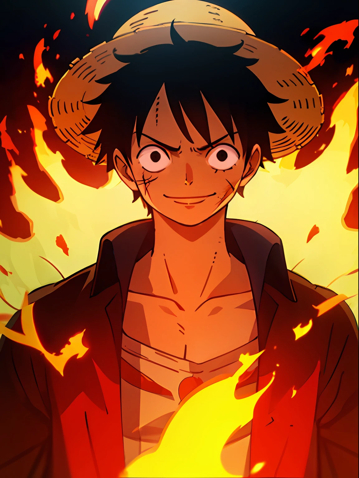 1boy, wanostyle, monkey d luffy, smiling, straw hat, looking at viewer, solo, upper body, ((masterpiece)), (best quality), (extremely detailed), depth of field, sketch, dark intense shadows, sharp focus, soft lighting, hdr, colorful, good composition, fire all around, spectacular, closed shirt, anime screencap, scar under eye, ready to fight, black eyes