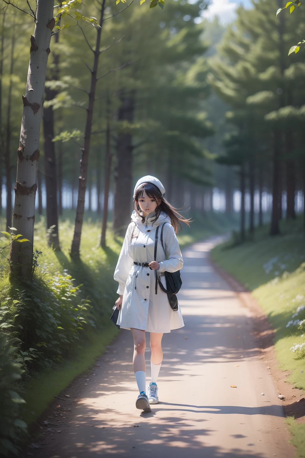 with blue sky and white clouds,ln the forest,There is one girl,taking a walk