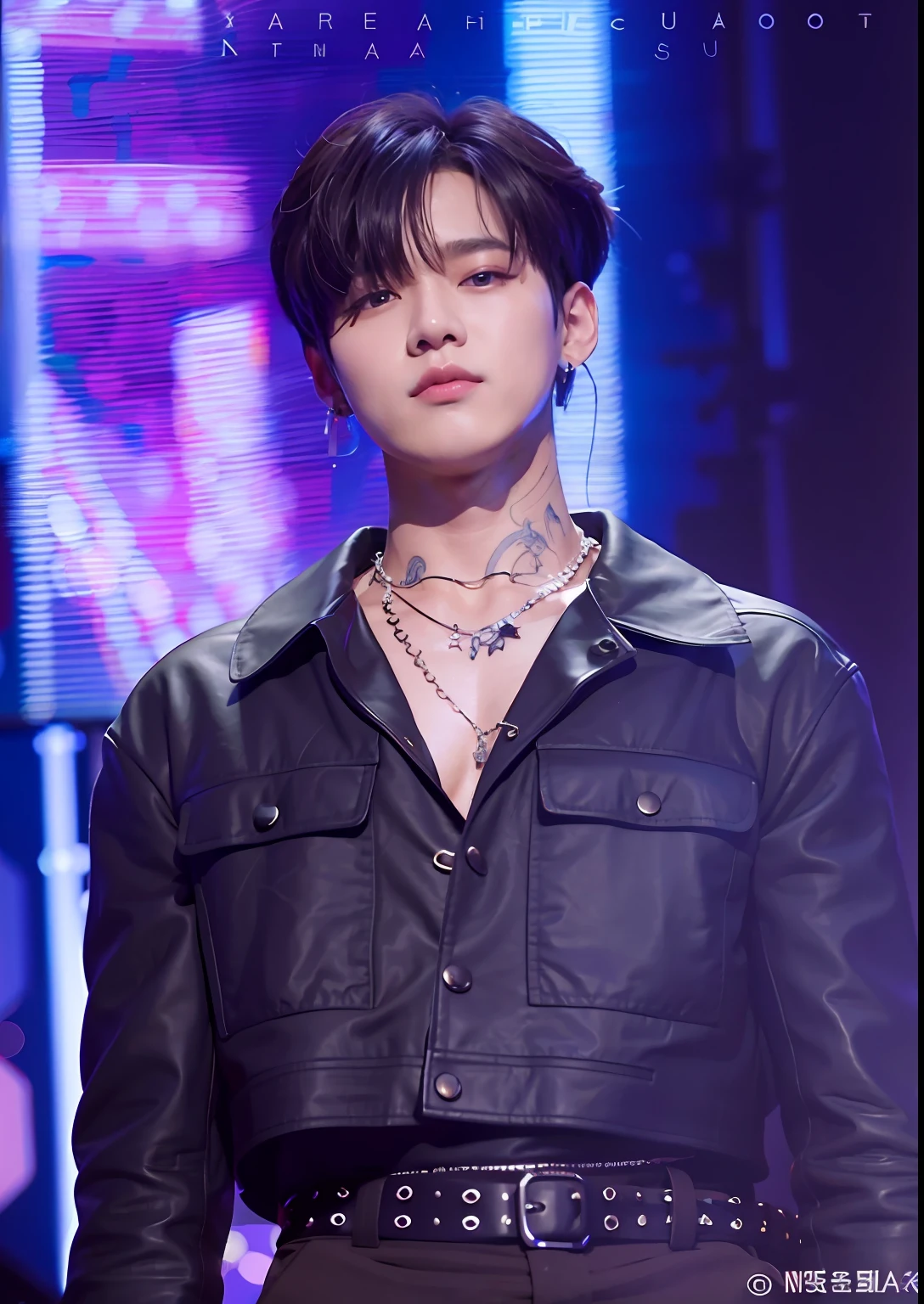 Close-up of a man in a leather jacket and necklace, , Inspired by Bian Shoumin, Shin Jinying, jia, ruan jia beautiful!, shaxi, hyung tae, ten lee, jinyoung shin aesthetic, young wan angel, Inspired by Zhang Han, Kim Do-young, mark lee, inspired by Chen Chi, yanjun cheng