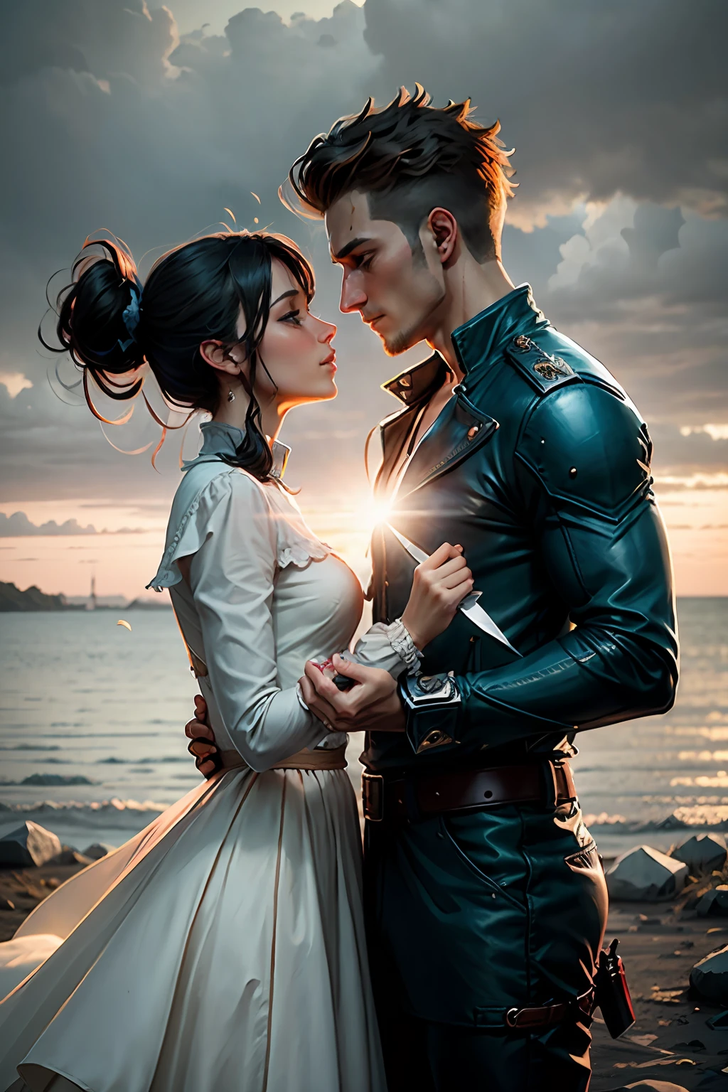 Romantic couple kissing in the classic wind man has knife in his hand
