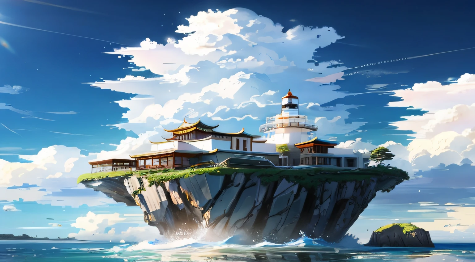 Sky floating island,Hanging Island,Tyndall Light,Clouds,borgar,超高分辨率,, (Masterpiece:1.4), ultra - detailed, Look up, the space, afloat, --v 6