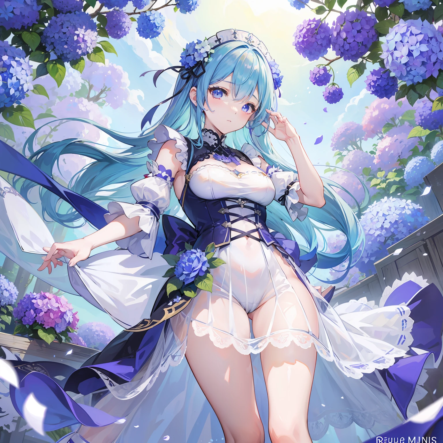 1 girl, Solo, hight resolution,Looking at Viewer, masutepiece,Best Quality, Extremely detailed, Perfect Lighting, , high-heels, Sunny, light tracing, Long hair, Detailed beautiful face, Looking at Viewer, , Wet, White Dress, See-through, thighs thighs thighs thighs,Anime girl with blue hair and purple dress standing in hydrangea flower field, a picture inspired by Pu Hua, trending on cg society, rokoko, atelier lulua, Stylized anime, from the azur lane videogame, rem rezero, a maid in a magical forest, Anime visuals of cute girls, anime stylized, Lori, deity of hydrangeas、Sunlight、a beauty girl、Beautiful eyes