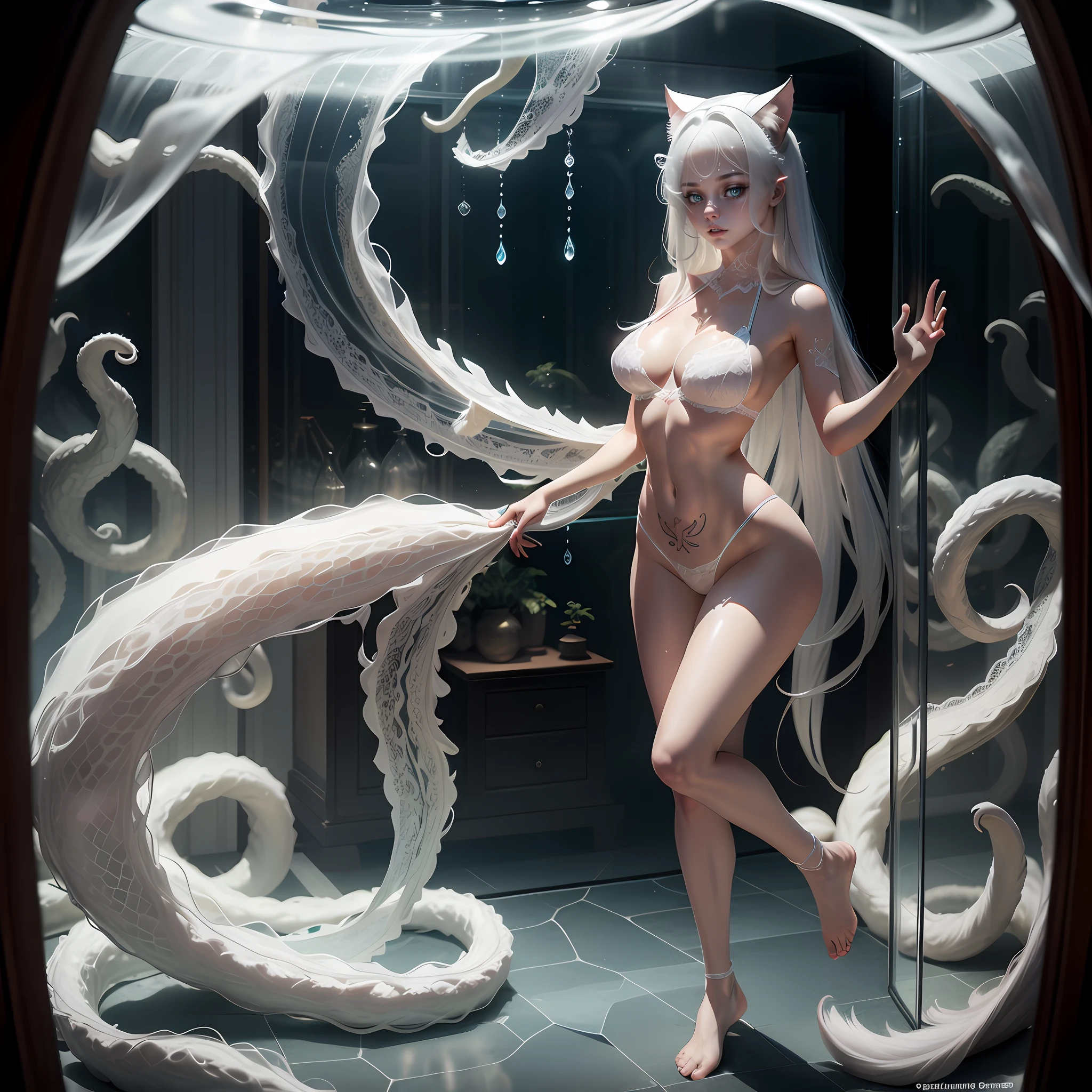 Transparent lace lingerie,Stand in a glass display case filled with water,There are tentacles in the display case,Wrapped around the girl's body,Suffocating,Nice face,Long legs,White-haired cat-eared beast girl,Has a furry tail,There are abs,with tattoos,flatchest