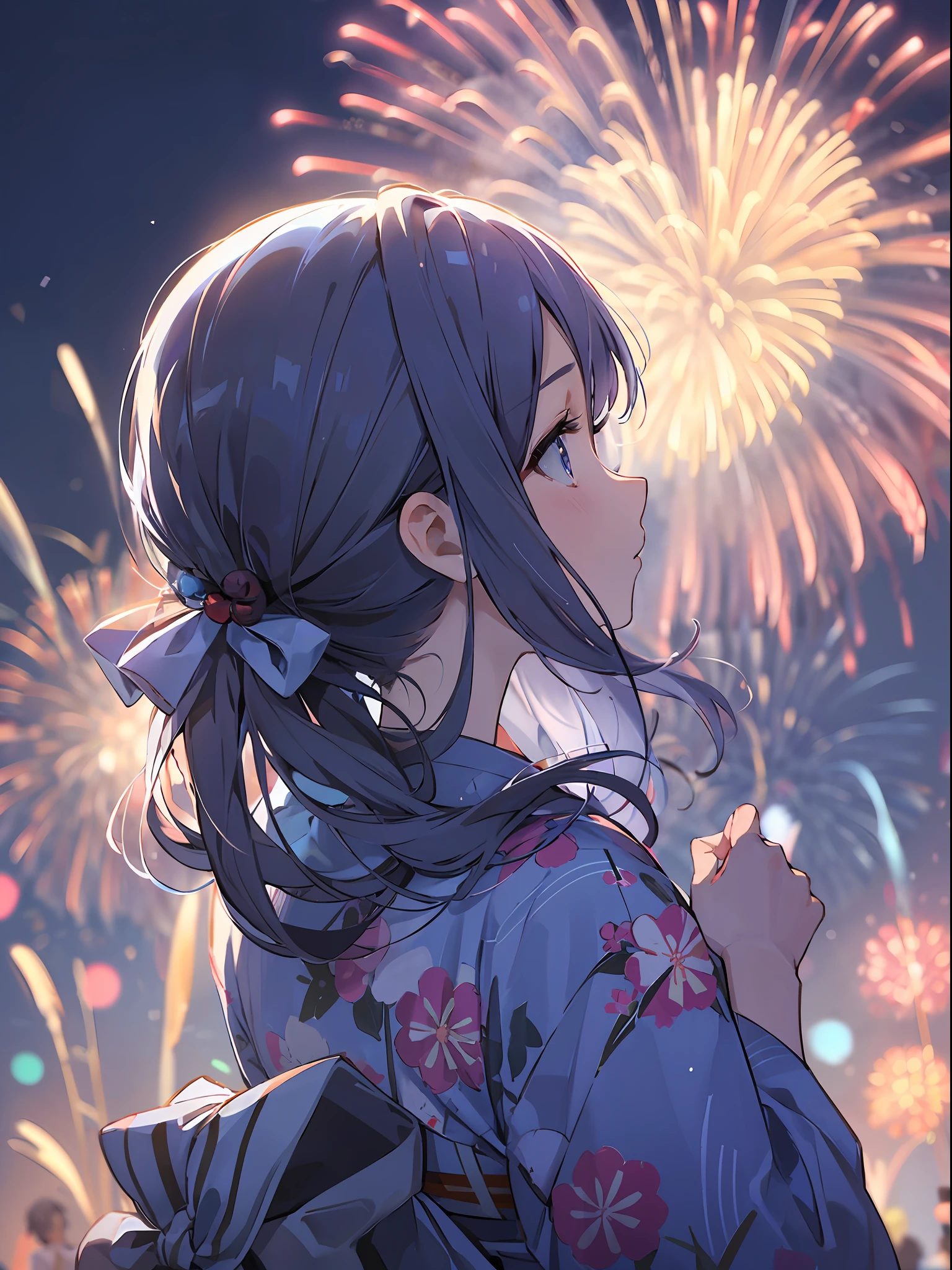 Looking from behind, looking up at the sky, yukata, festival, (fireworks: 1.5), Akane, blue eyes, blue hair, long hair, from an angle, wind blowing and hair fluttering, watching fireworks,