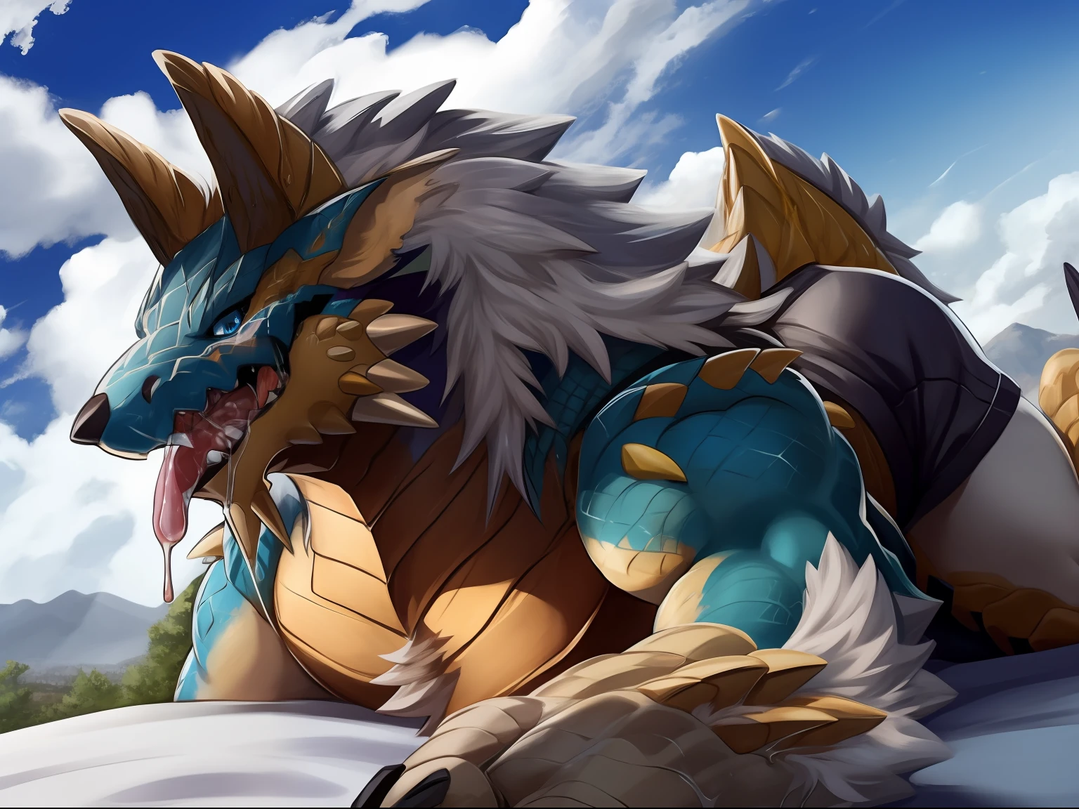 zinogre, bright eyes, panorama, character focus , solo, furry, furry male dragon, male red and white fur, blue eyes, gray hair (long), bare body, gray shorts lying on bed, young style, height one meter seven, handsome, has a tail, bust, drooling, body fluids, licked, three-quarters portrait, wide angle, dynamic angle