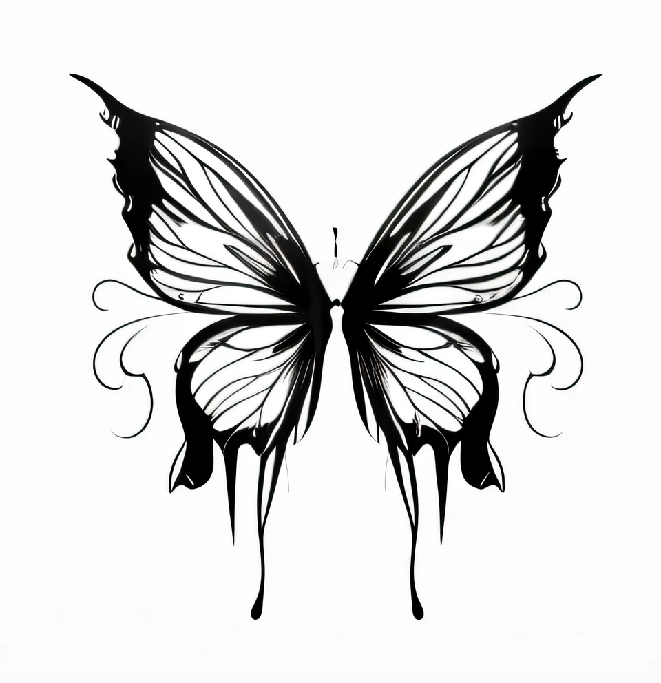 A black and white drawing of a butterfly with wings, Butterfly wings, symetrical wings, beautiful opened wings, Symmetrical wings, Symmetrical wings on the back, black wings instead of arms, Symmetrical wing, with beautiful wings, Transparent wings, highly intricate wings!, tattered wings, Insect wings, Fairy wings, large wings on back, with her wings spread wide, detailed wings
