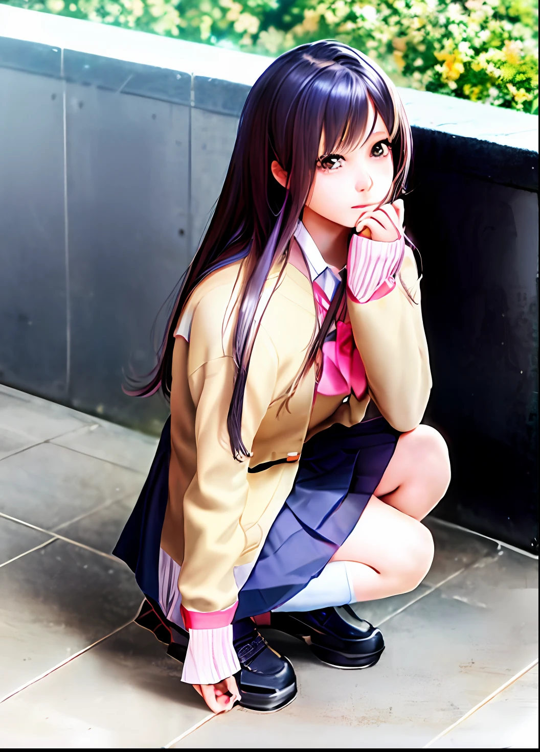 Anime girl kneeling，hand on chin, the anime girl is crouching, Beautiful Anime High School Girls, Marin Kitagawa fanart, Realistic schoolgirl, hyuga hyuga, Surrealism female students, anime visual of a cute girl, iwakura lain, An anime girl, anime full body illustration, beautiful anime girl crouching