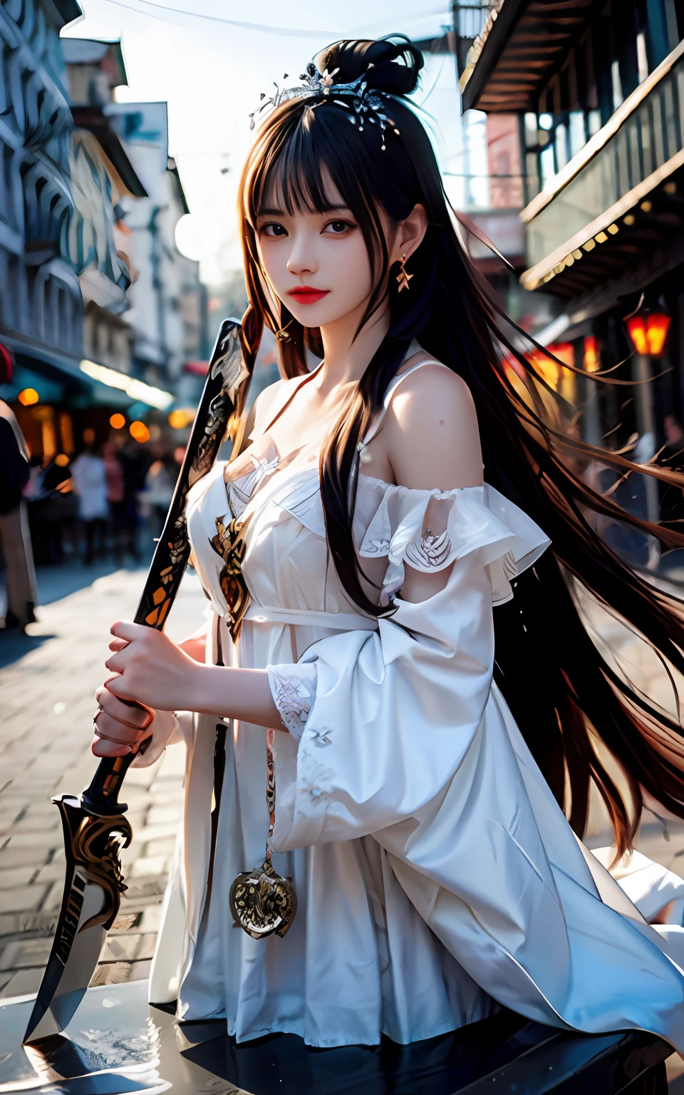 best quality,masterpiece,highres,cg,
1girl,weapon,sword,long hair,dress,water,solo,jewelry,white dress,earrings,hair ornament,splashing,upper body,hair bun,black hair,
lighting,candid,Photograph,high resolution,4k,8k,Bokeh,