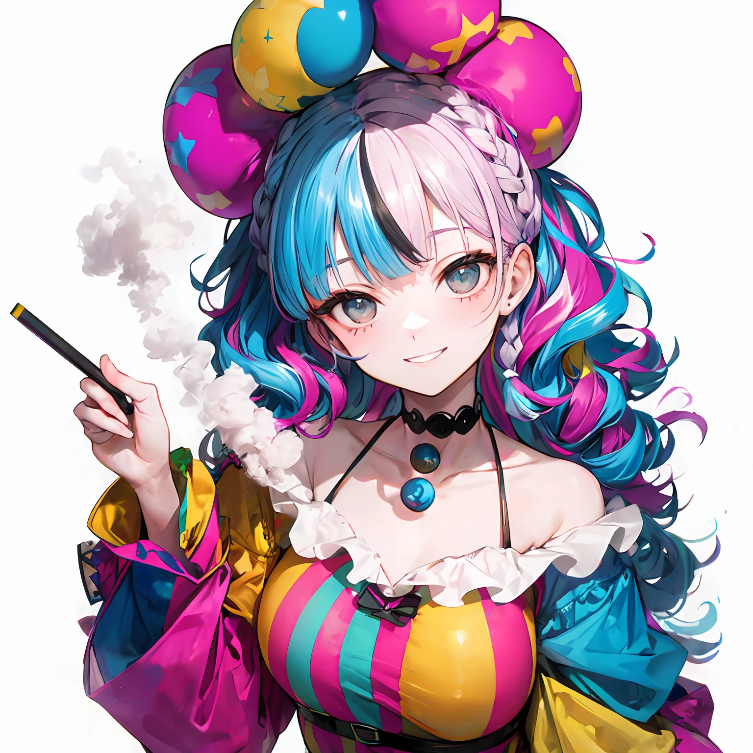 clown,smile,(braid),(wavy multicolor hair:1.2),(smokeanywhere:1.4)