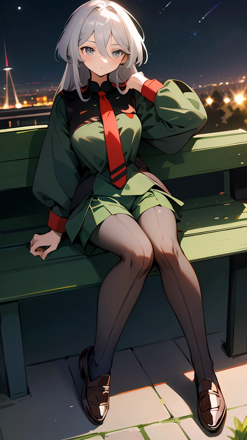 masterpiece, best quality, 1girl, solo, miorine rembran,pantyhose,green shorts, long hair, asticassia school uniform, night, shorts, grey eyes, black pantyhose, white hair,short necktie, green shorts, full body, bangs, loafers, shoes, long sleeves, breasts, red necktie, sitting, hair between eyes, brown footwear,