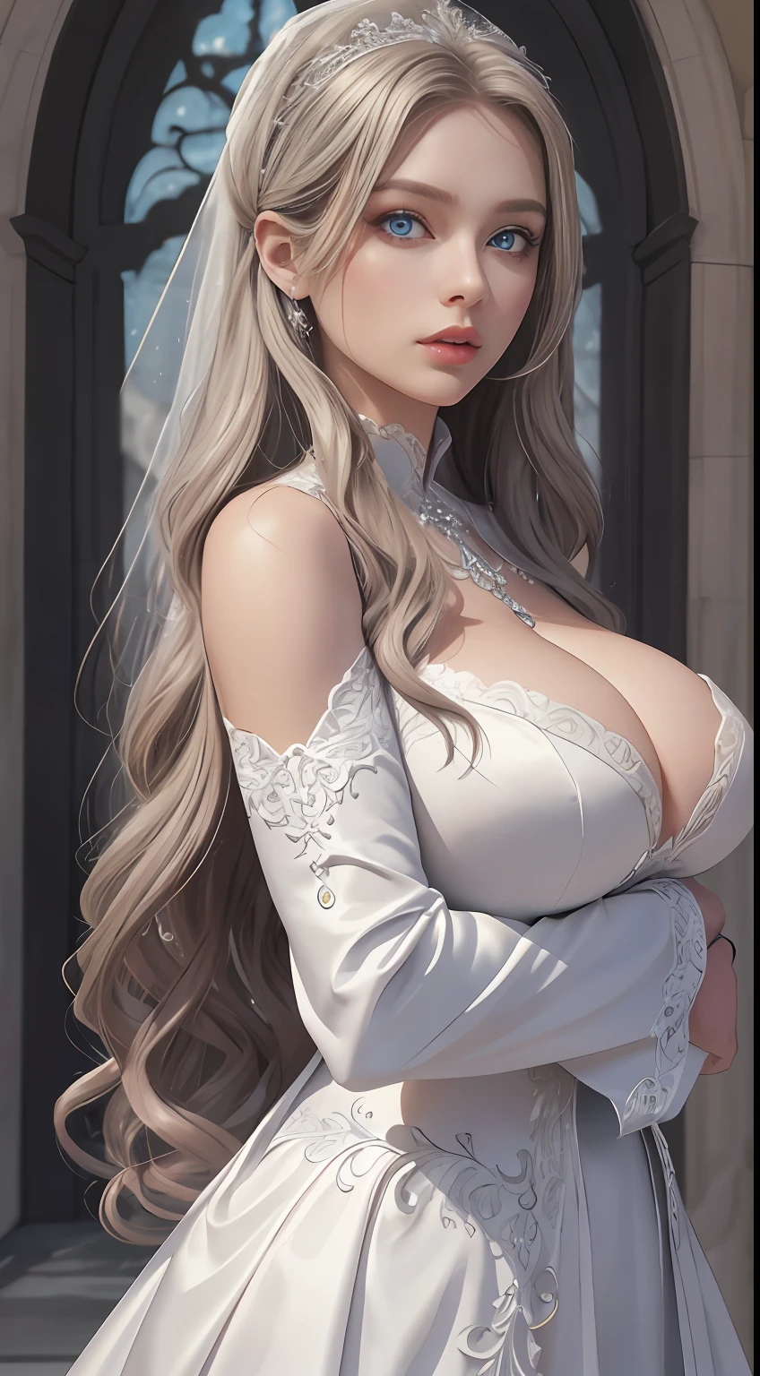 (tmasterpiece:1.3),(big breasts beautiful,astounding:1.2),(best qualtiy:1.3),(ultra - detailed:1.2),2girls,full bodyesbian,Wearing a white wedding dress,(Super detail skin:1.2),(glistning skin:1.1),(perfect anatomia,Extremely refined and beautiful:1.2),silber hair,long whitr hair,eBlue eyes,(beatiful detailed eyes:1.2),Looking_at_peeping at the viewer,ssmile,with her mouth open,stylish posing,hiddenhands,Sacred costumes,liveroom